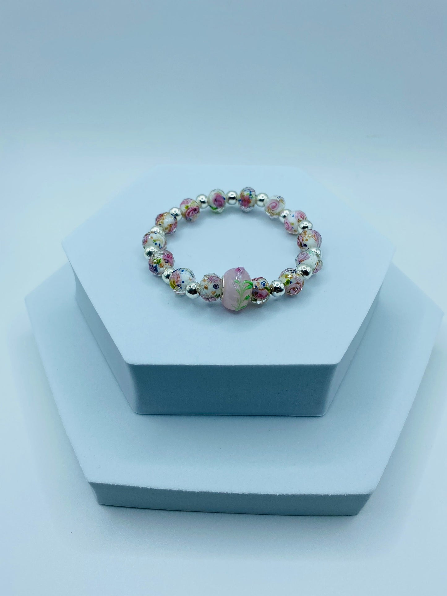 Floral Lampwork Glass Bead Bracelet: Silver Hematite Gemstone Accent