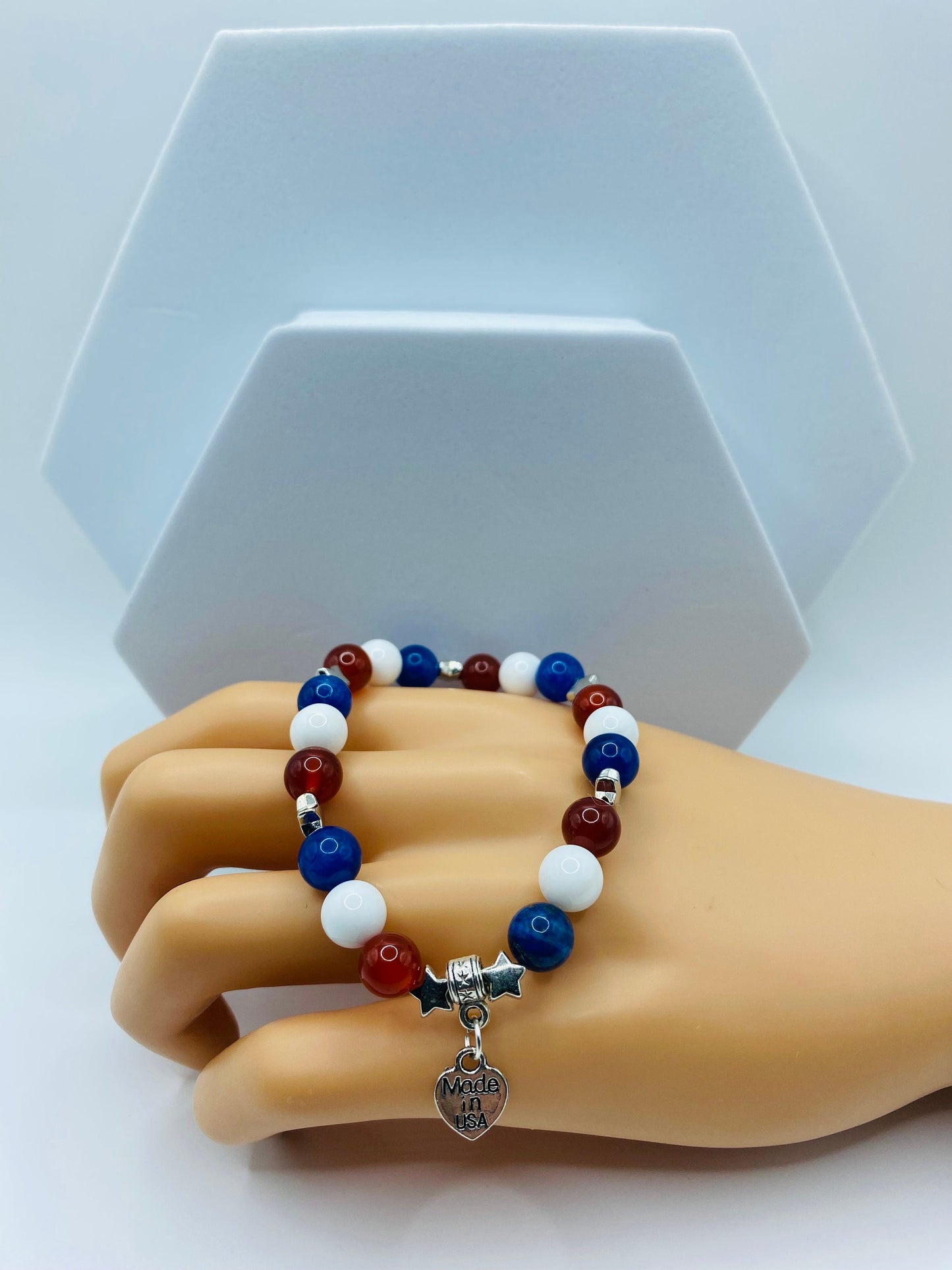 Handmade Jewelry Star Bracelet with Heart Shaped American Flag, Natural Gemstone Beads, Charm Bracelet