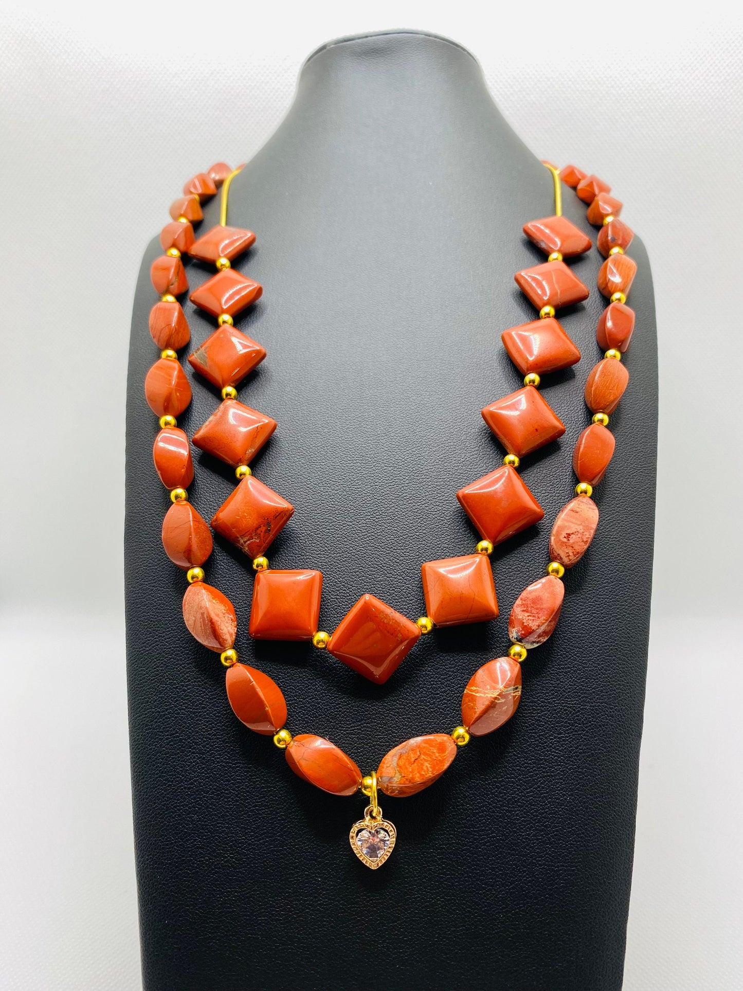 Necklaces for women Handmade Jewelry - Twisted, Diagonal Red Jasper - Gold Jewelry Beads - Heart Necklace