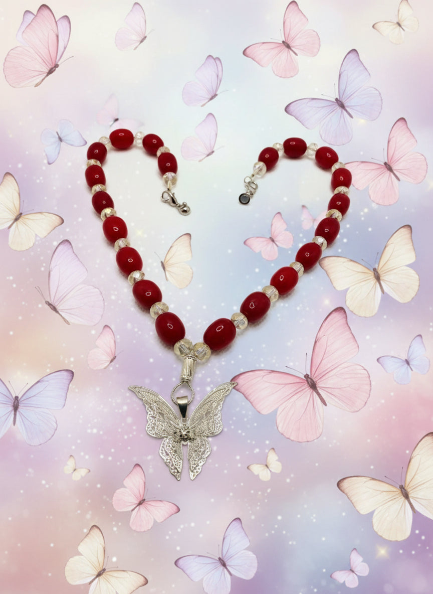 Red Jade Necklace: Silver Butterfly Pendant & Crystal Beads