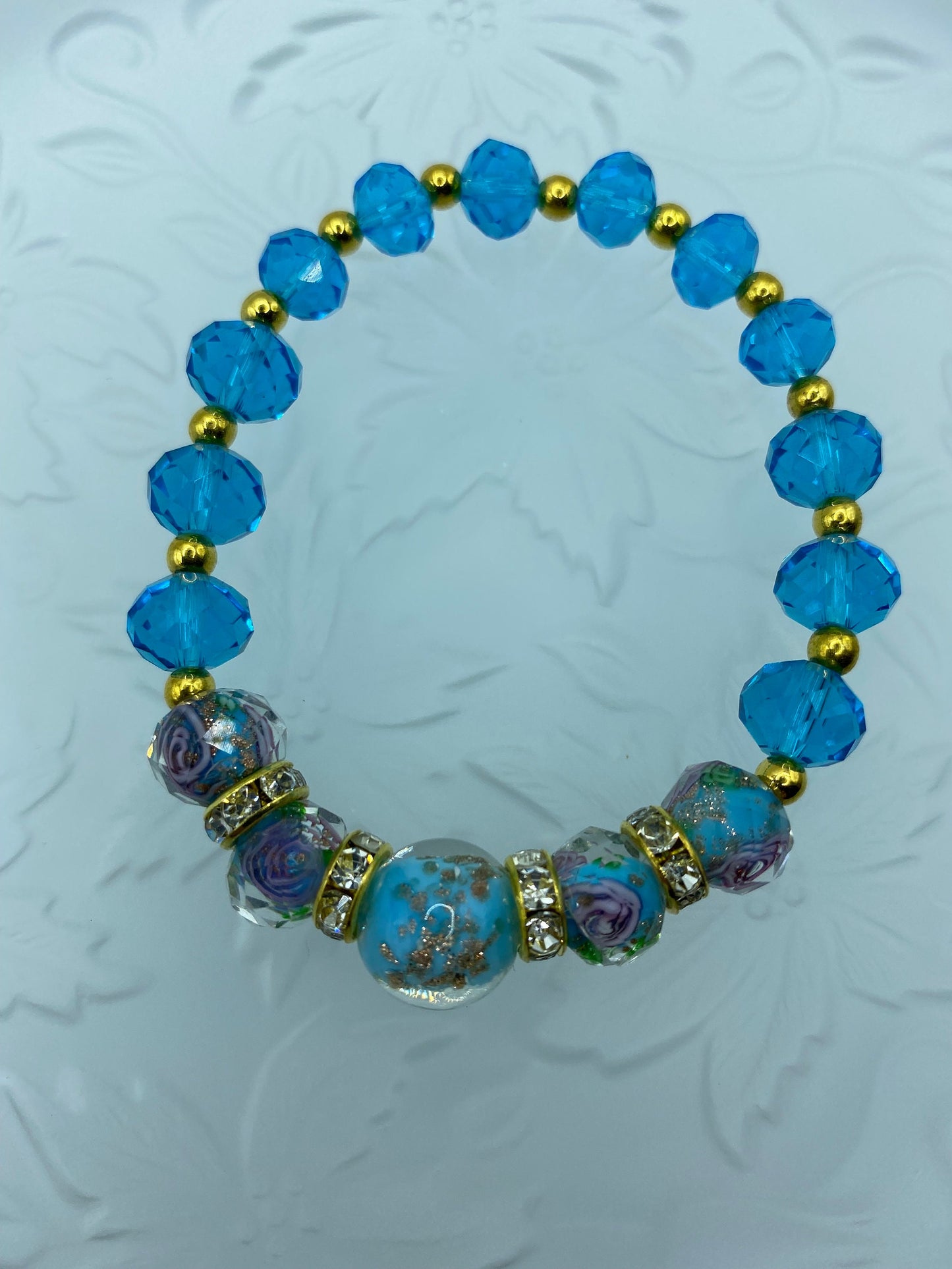 Lampwork Glass Bead Bracelet: Blue Topaz Crystal & 18K Gold Hematite