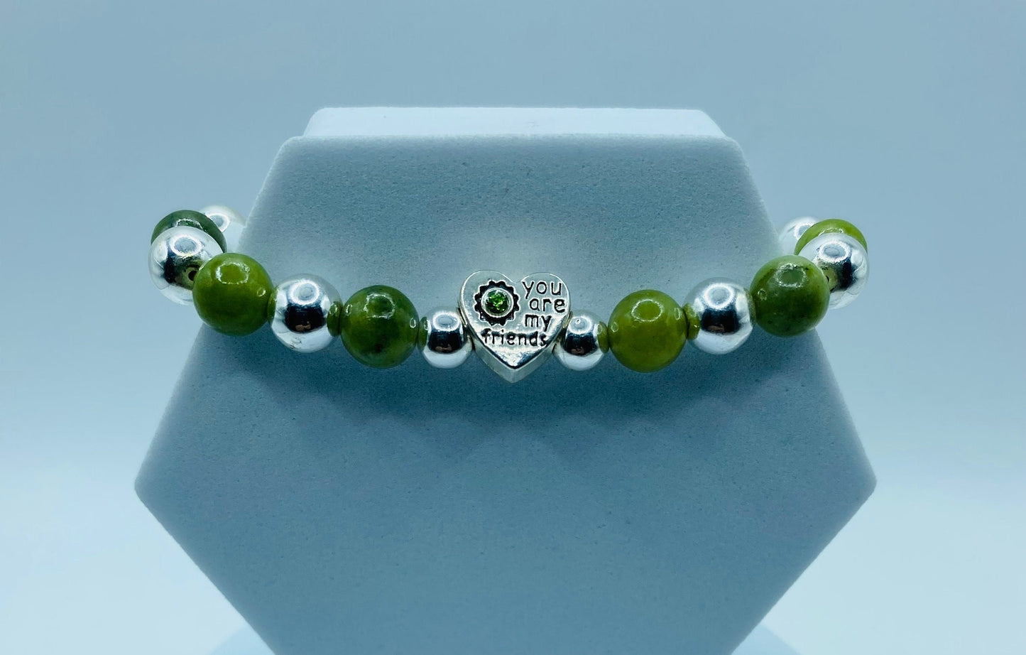 Friendship Bracelet with Green Jade & Hematite Gemstone Beads, Heart Jewelry Gifts for Friends