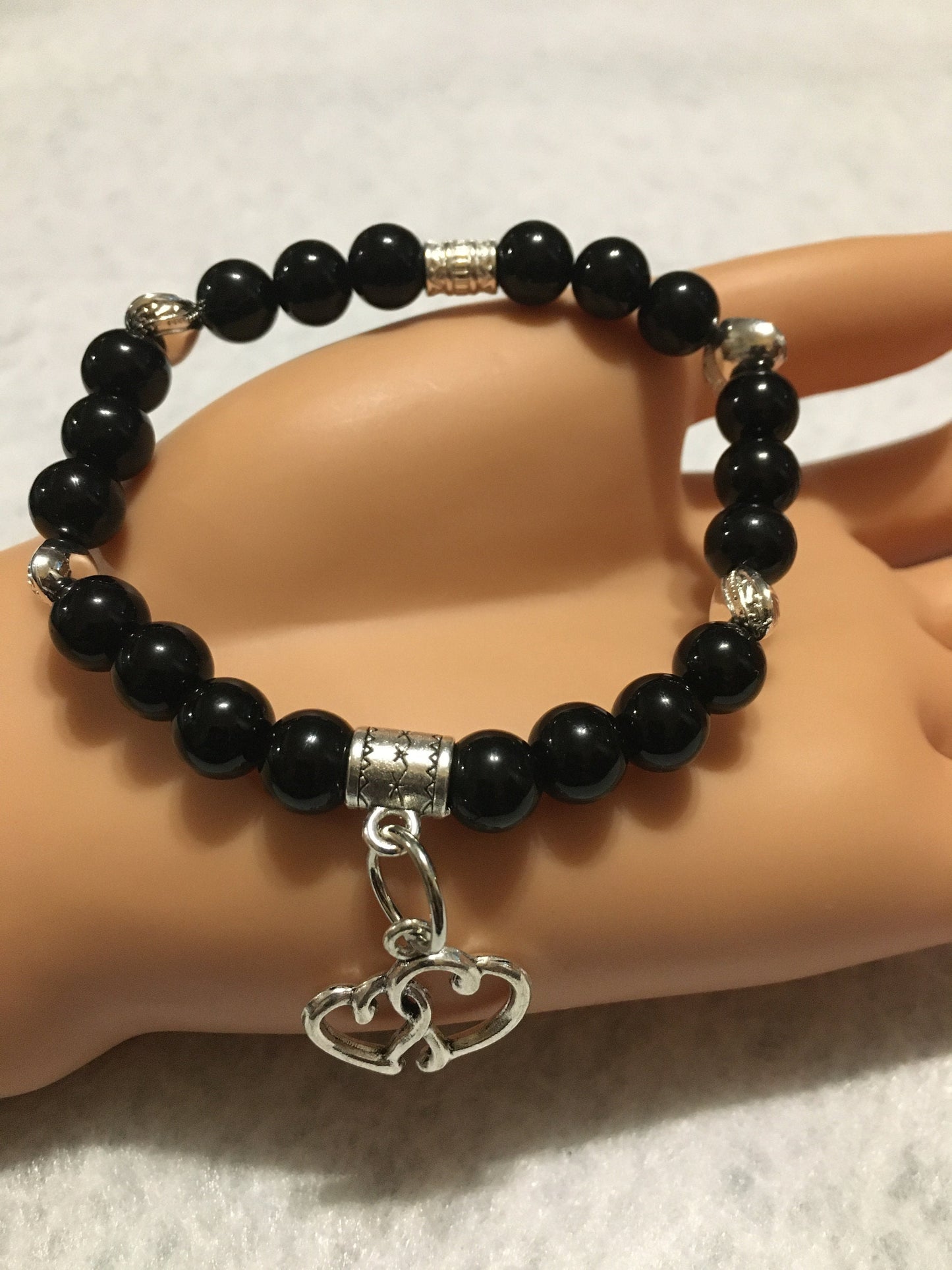 Black Tourmaline Bracelet with Intertwined Heart Charm