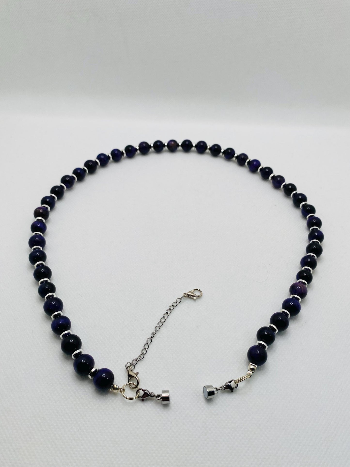 Purple Tigers Eye Necklace: Silver Hematite Gemstone Beaded Jewelry