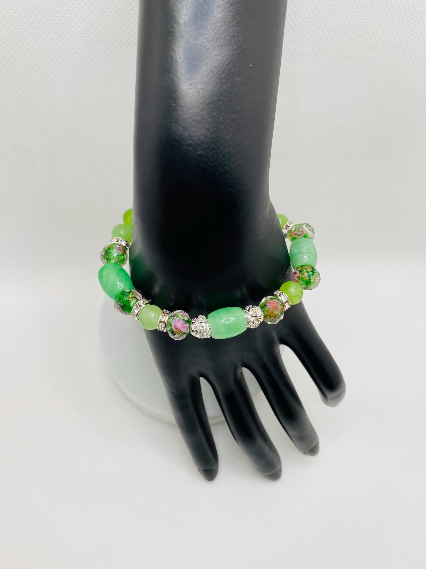 Peridot Bracelet: Green Lampwork Glass Beads, Silver Rhinestone Accents