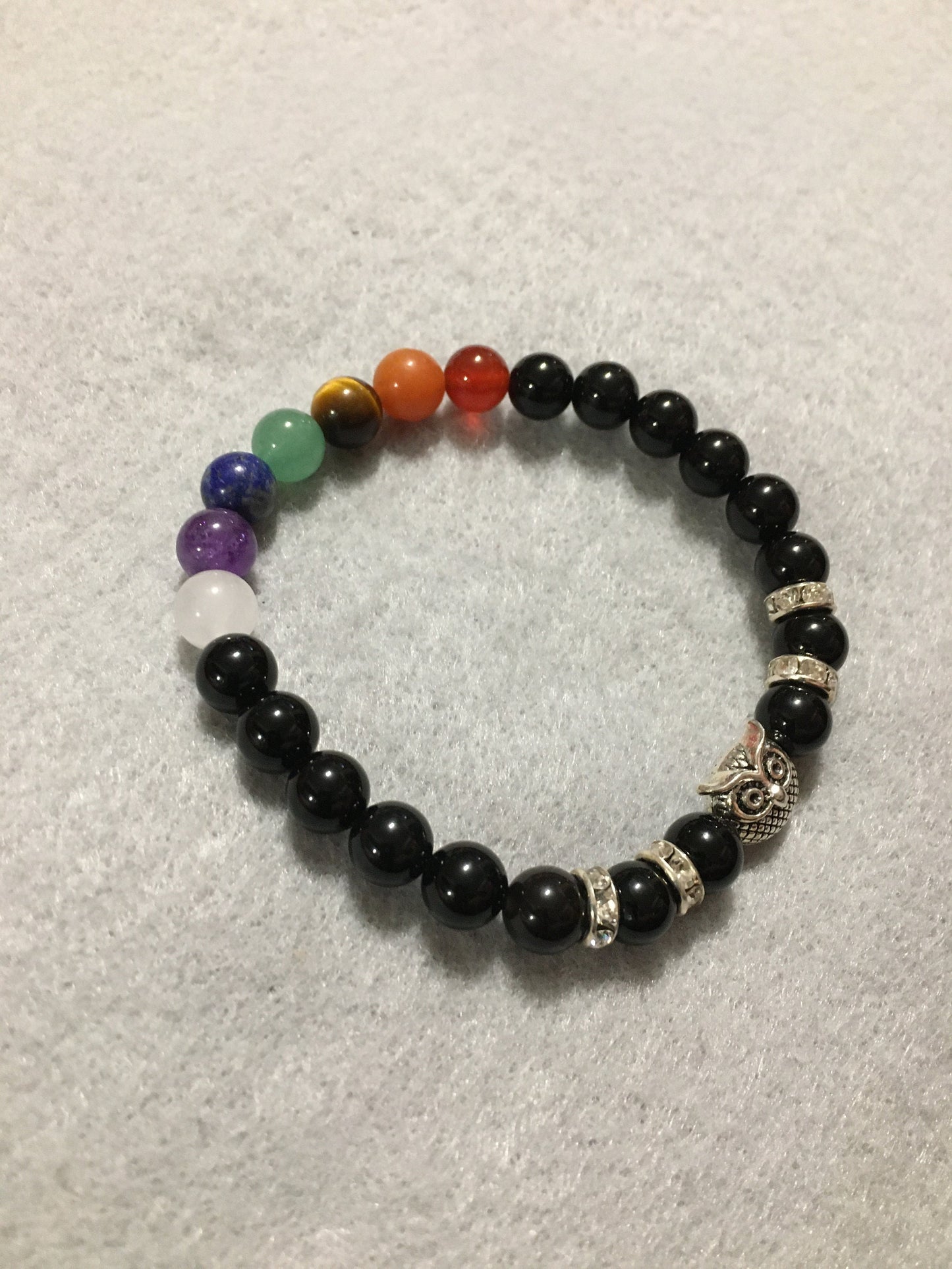 Chakra Stone Bracelet: Black Onyx Beads with Rhinestone Owl Charm