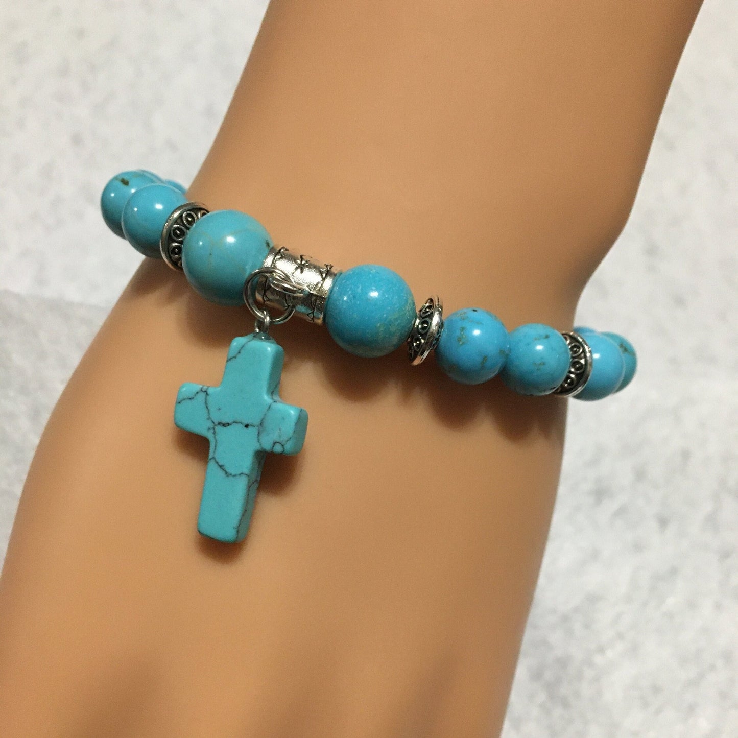 Turquoise Mens Bracelet with Religious Cross Charm