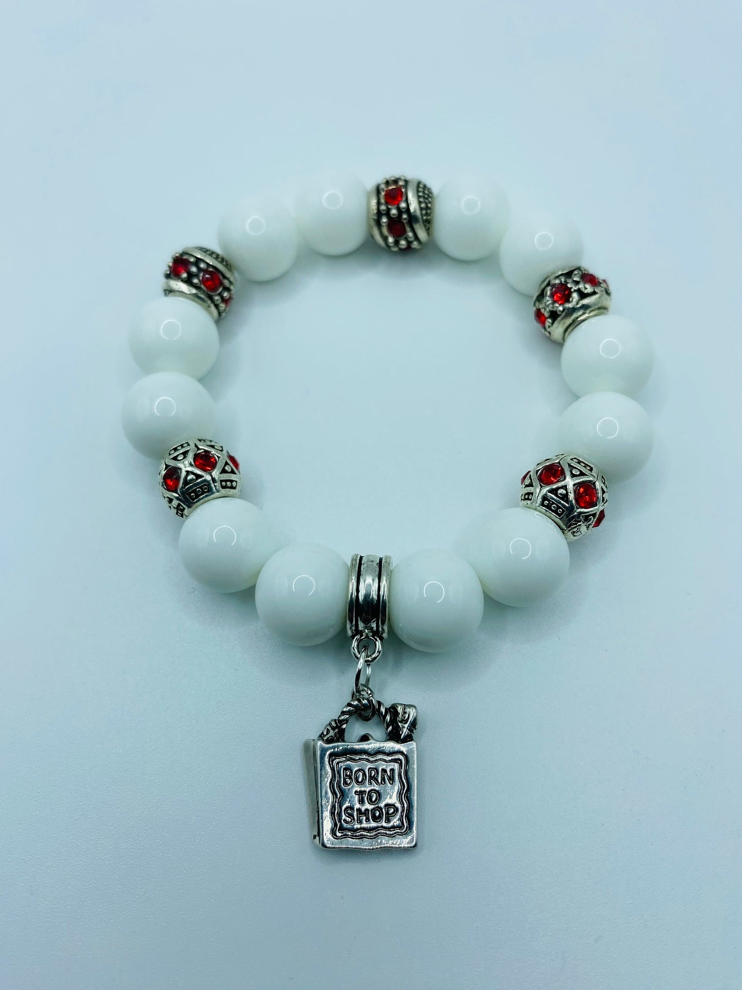 Porcelain Charm Bracelet: Red Rhinestone Handbag Pendant, Antique Silver