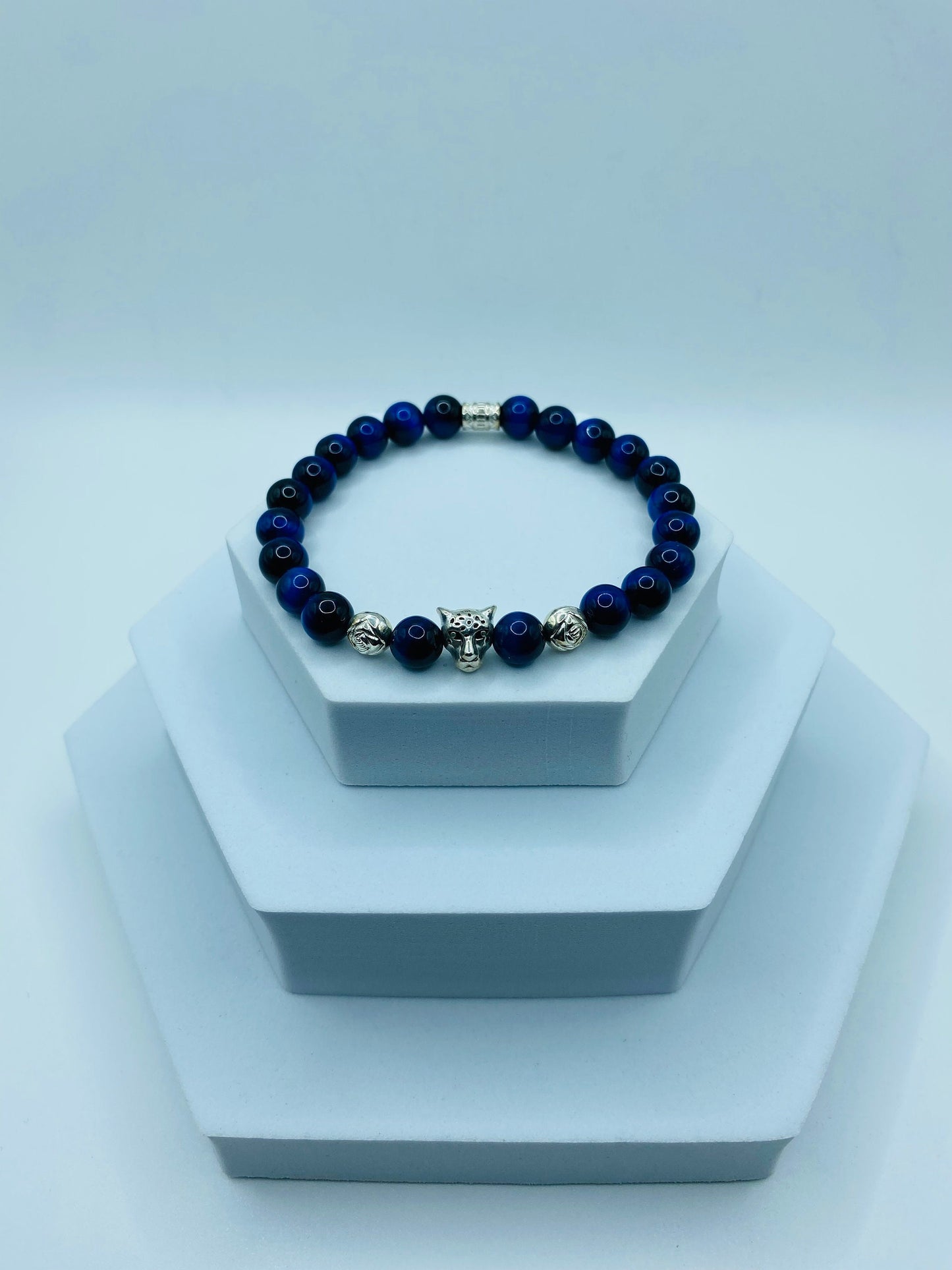 Blue Tiger's Eye Bracelet: Leopard Charm, Silver Beads