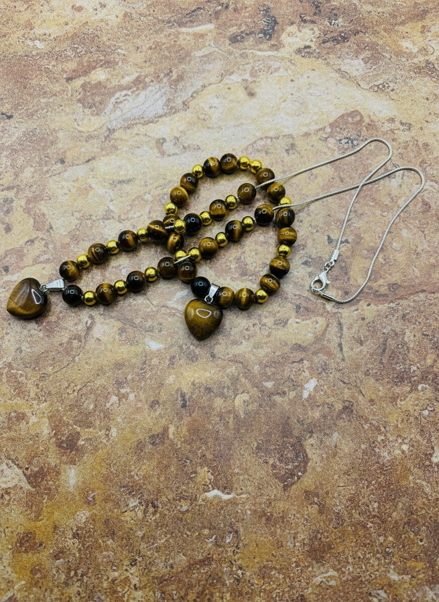 Tiger's Eye Heart Necklace & Bracelet Set: Gold Plated Hematite Beads