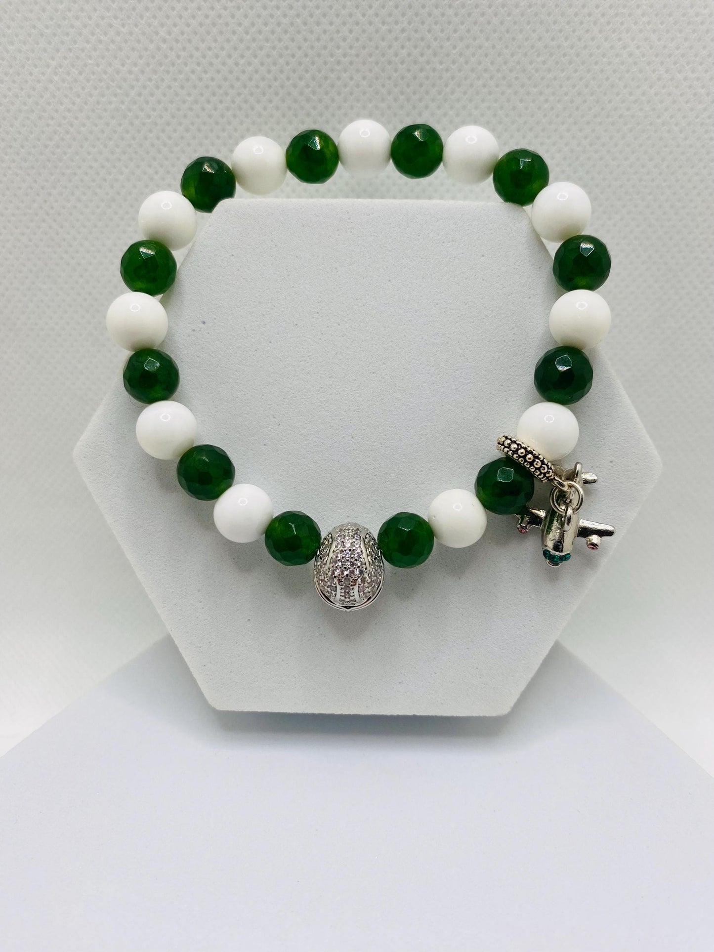 New York Jets Jade Beaded Bracelet: Football Helmet & Airplane Charm