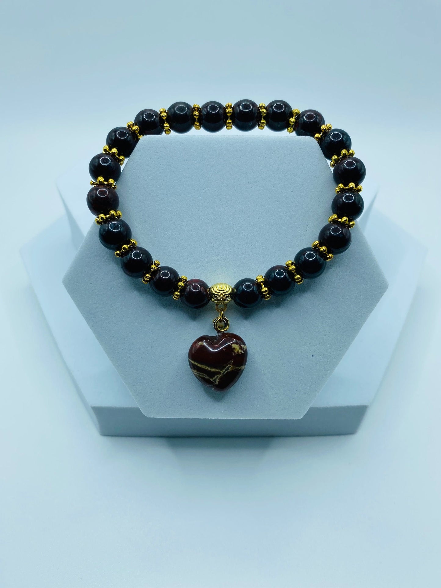 Poppy Jasper Heart Pendant Bracelet: Gold Accents, Gemstone Beads
