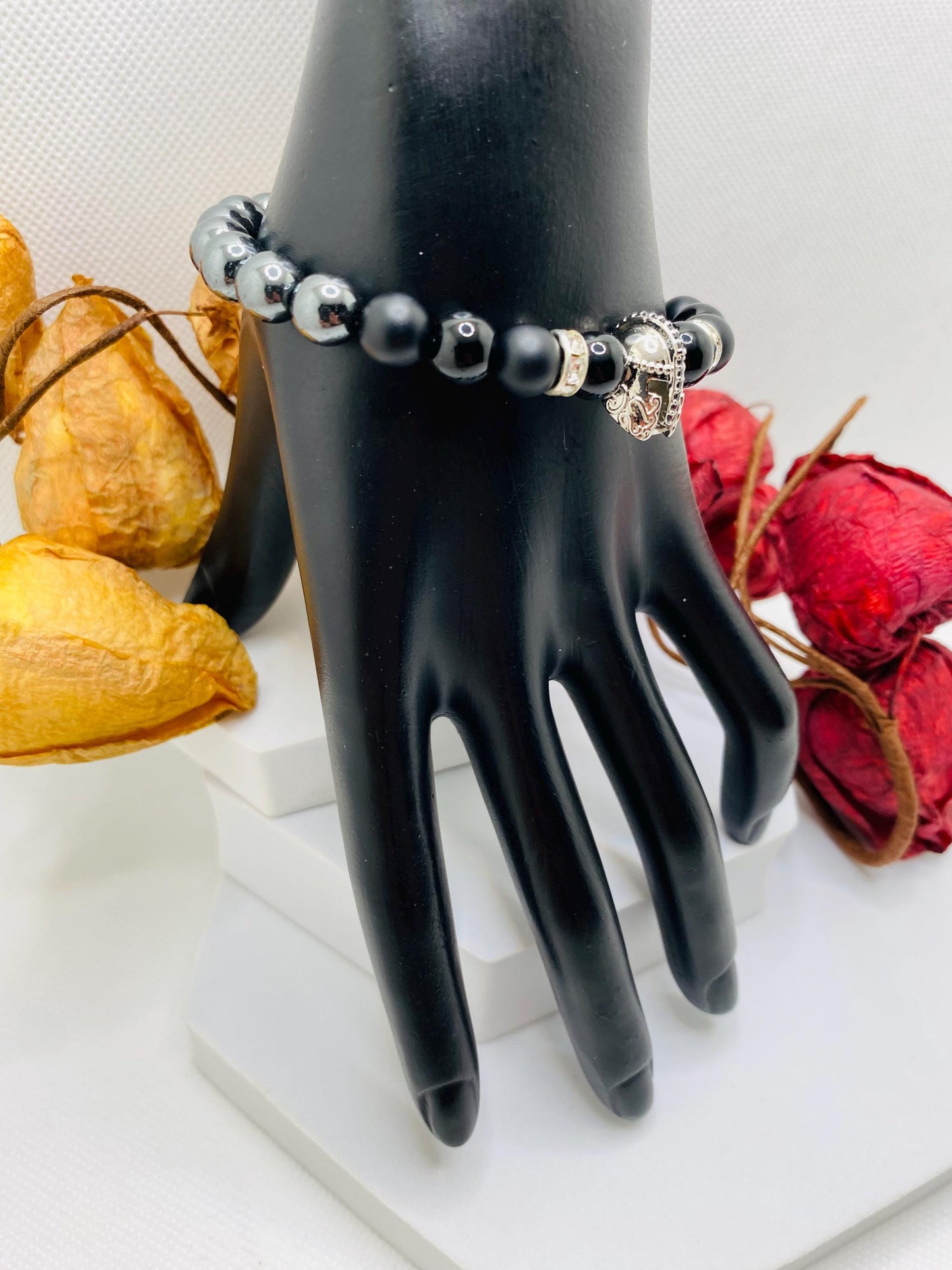 Mens Jewelry Silver Spartan Helmet Bracelet with black Onyx & Hematite Gemstone Beads - Medieval Jewelry