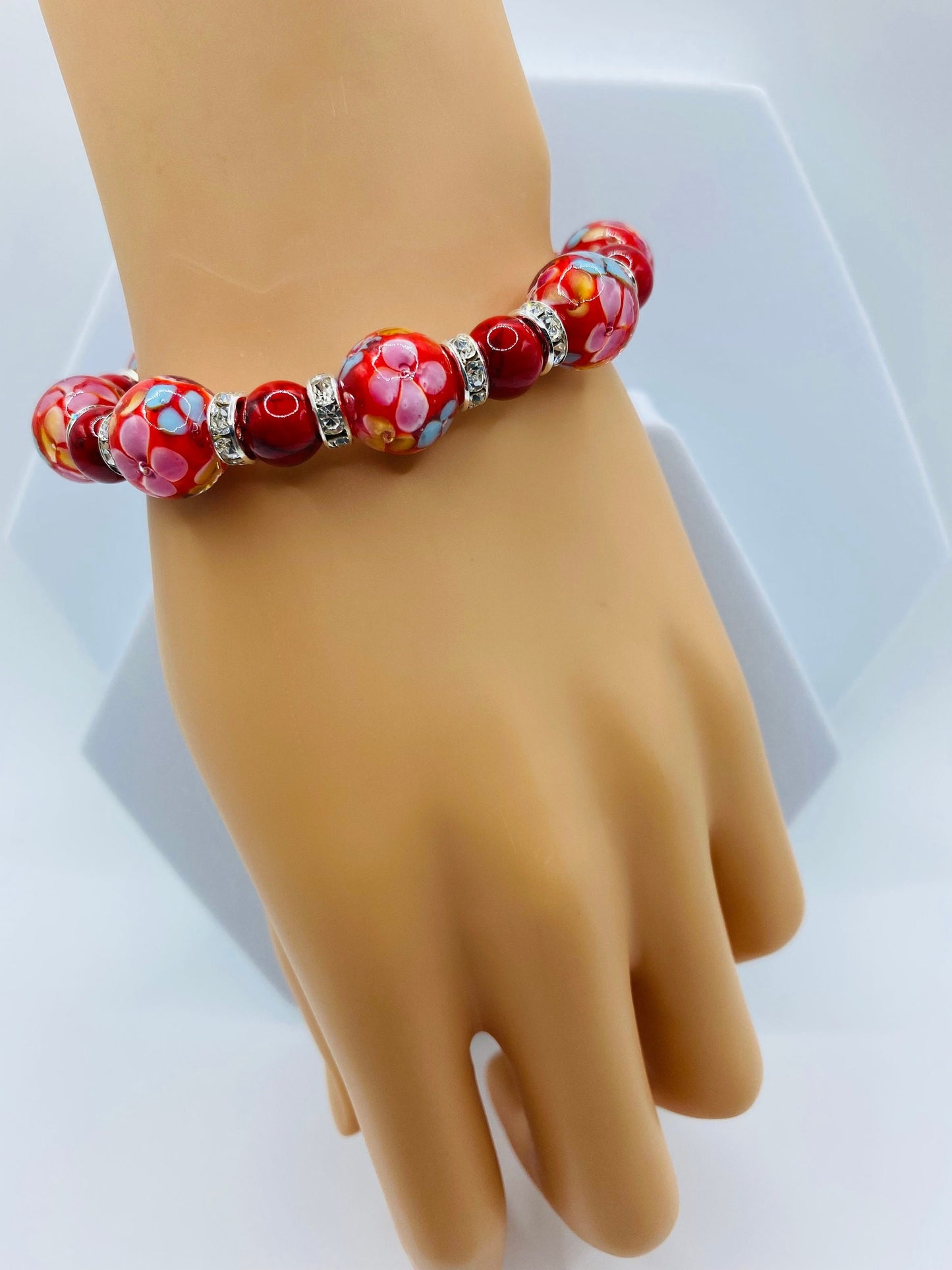 Red Lampwork Flower Bracelet: Turquoise & Rhinestone Beaded Jewelry
