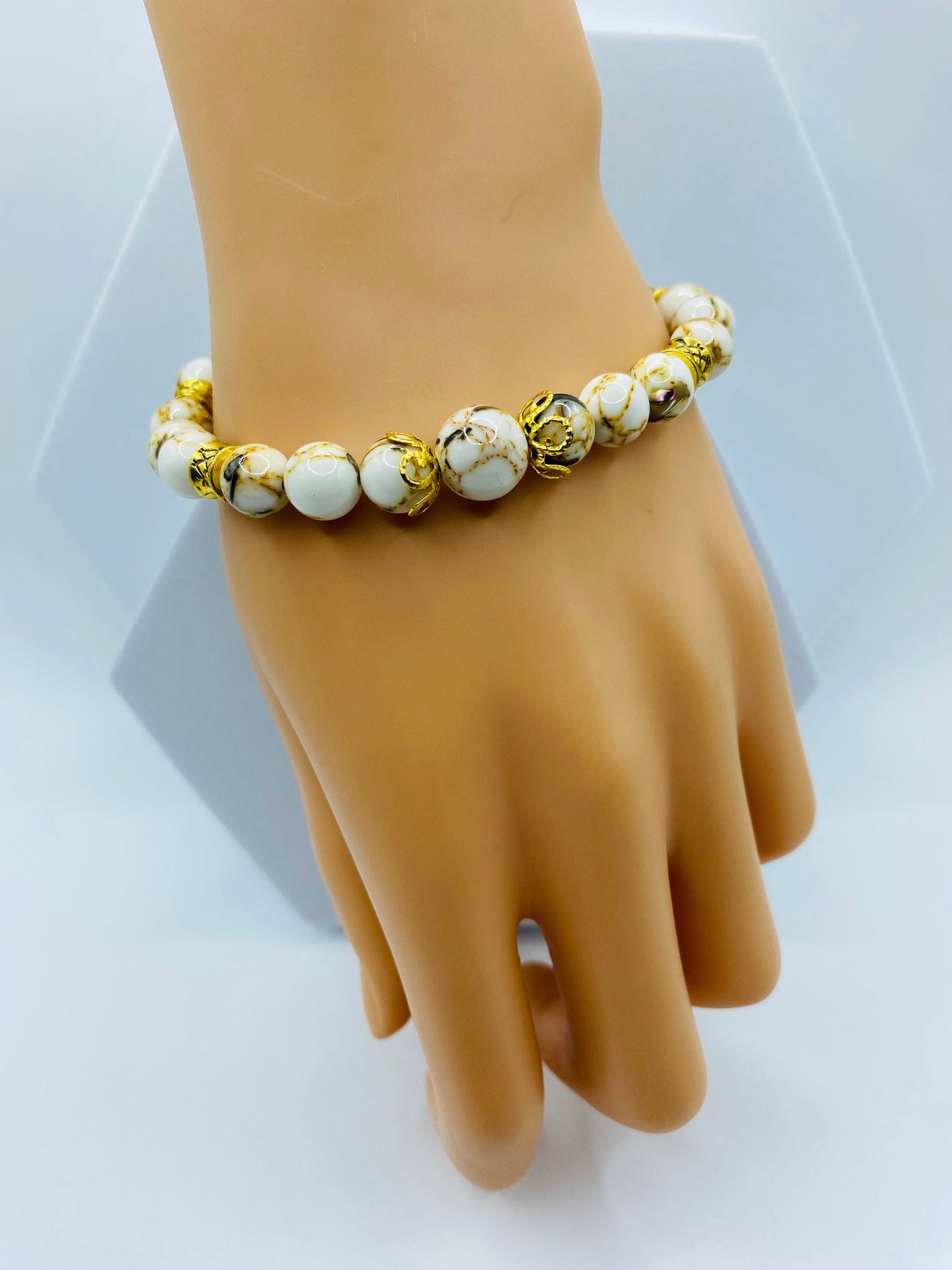 Handmade White Turquoise Bracelet: Tibetan Gold Spacers