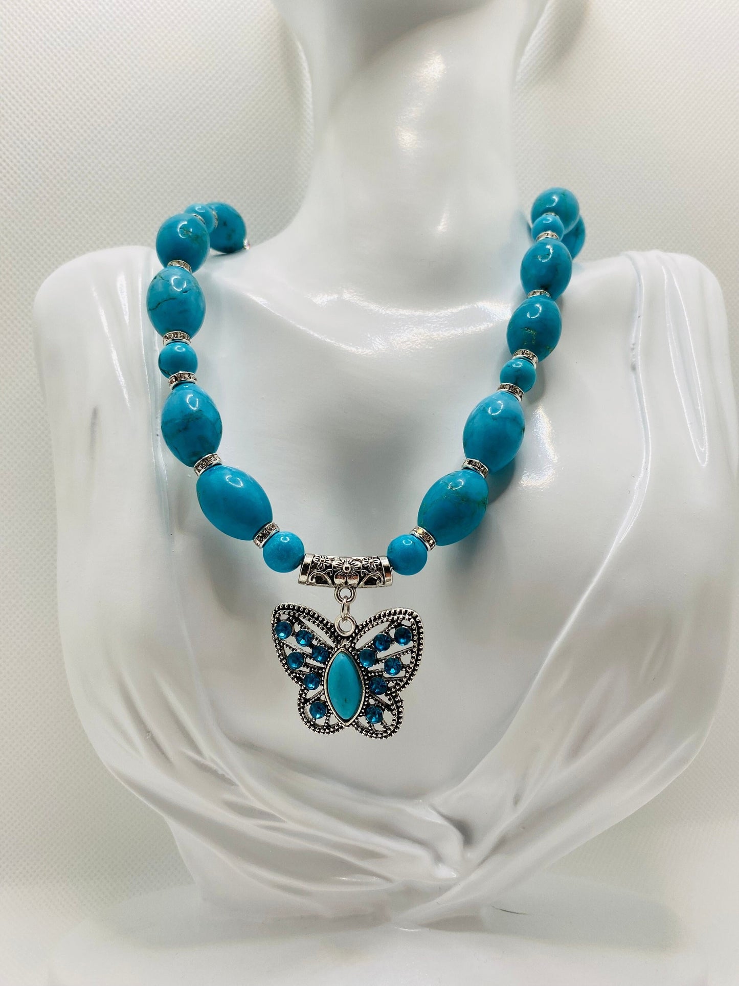 Turquoise Necklace: Butterfly Pendant, Rhinestone Accents