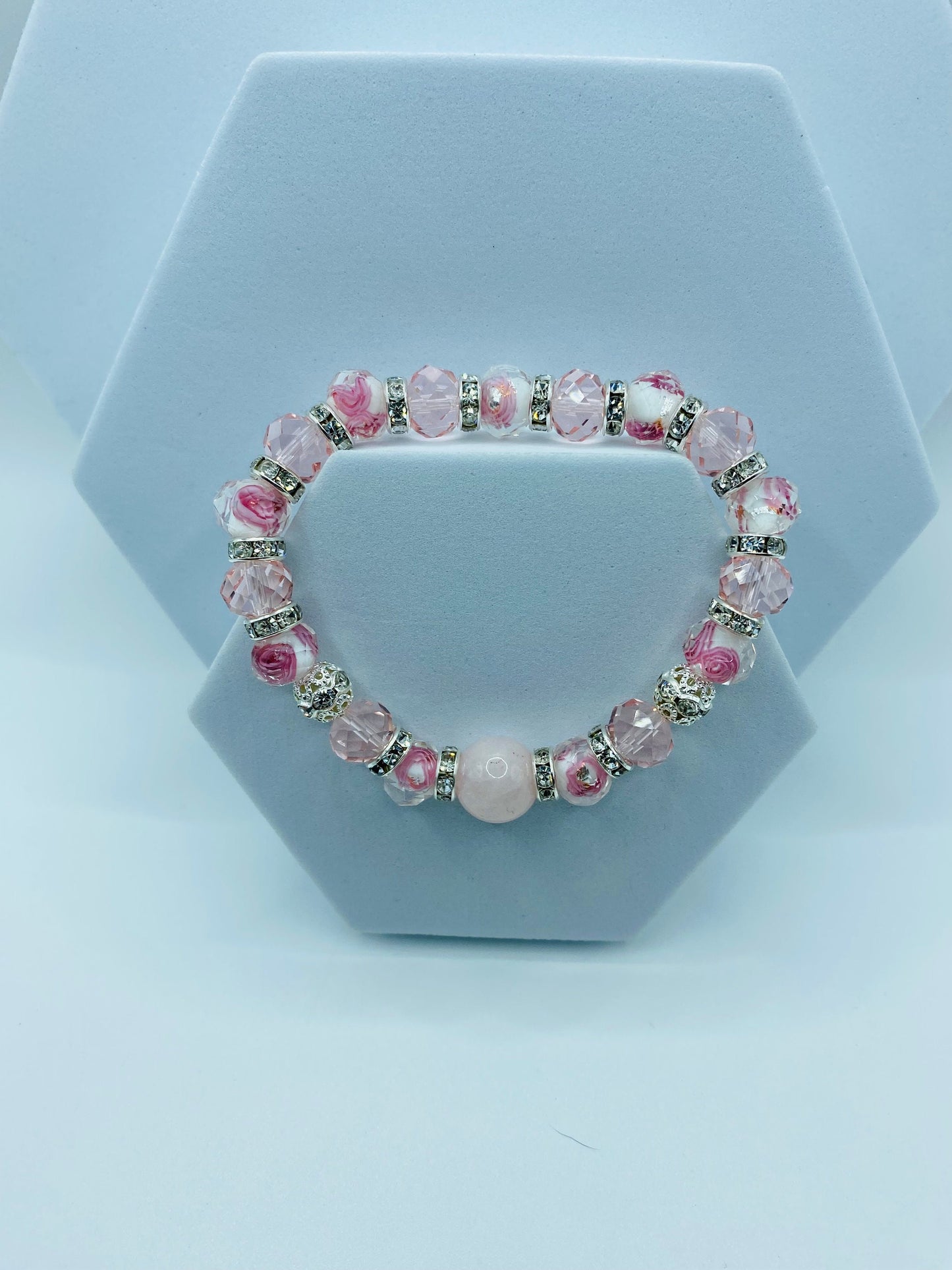 Lampwork Beads Flower Girl Bracelet - Rose Quartz Crystal Bracelets for Women - Pink Glass Beads