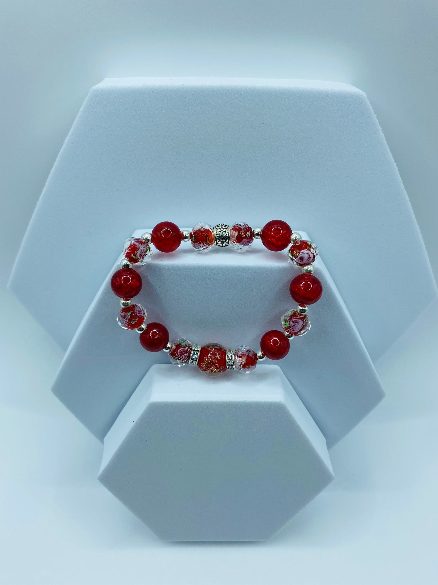 Red Lampwork Glass Bead Bracelet: Hematite & Crystal Rondelles