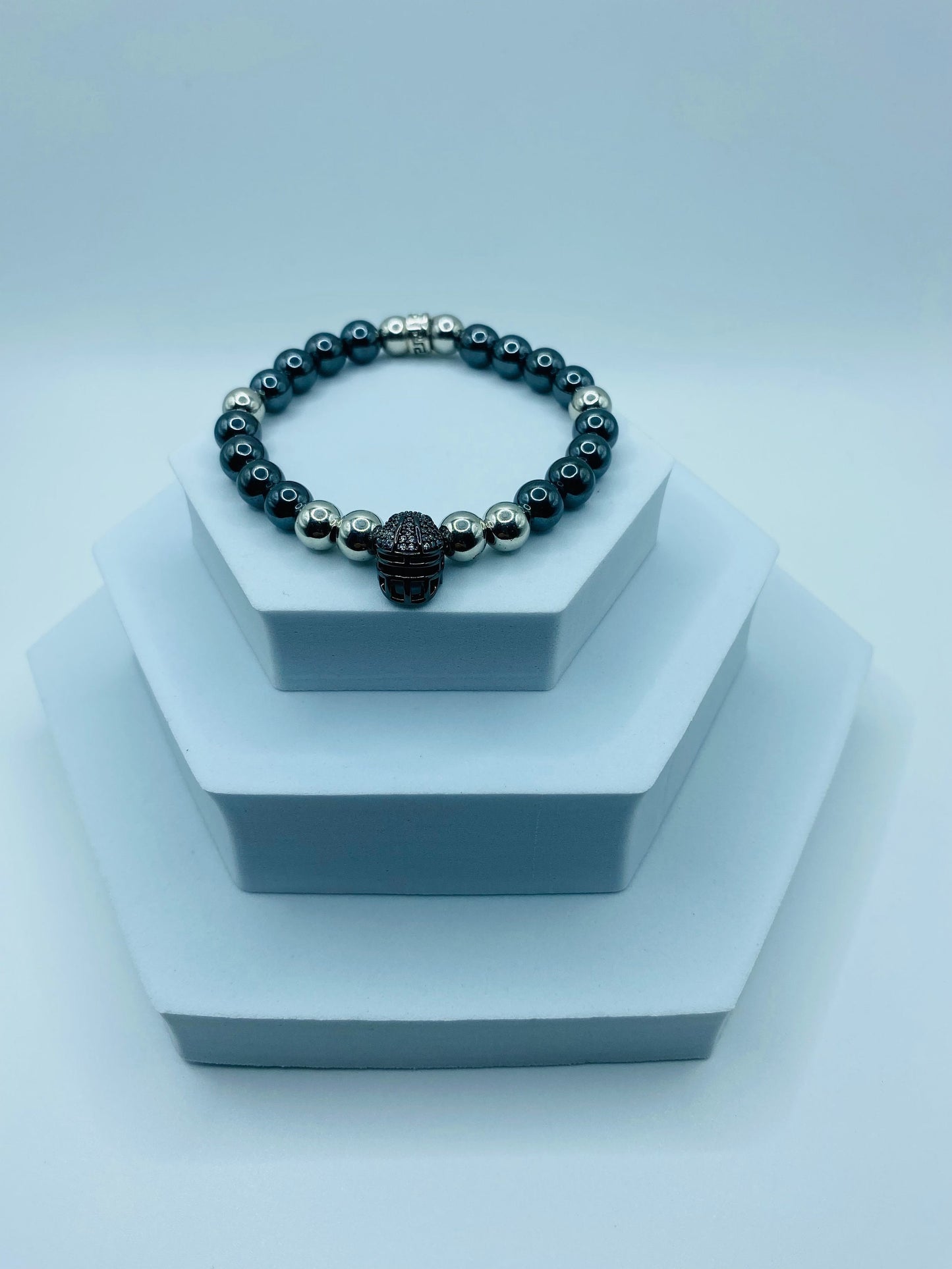 Las Vegas Raiders Mens Bracelet - Hematite Gemstone Beads and Football Helmet - Bracelets for Women