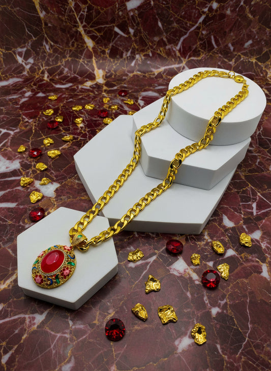 Red Agate Pendant Necklace: Gold Plated Cuban Link Chain Boho Jewelry