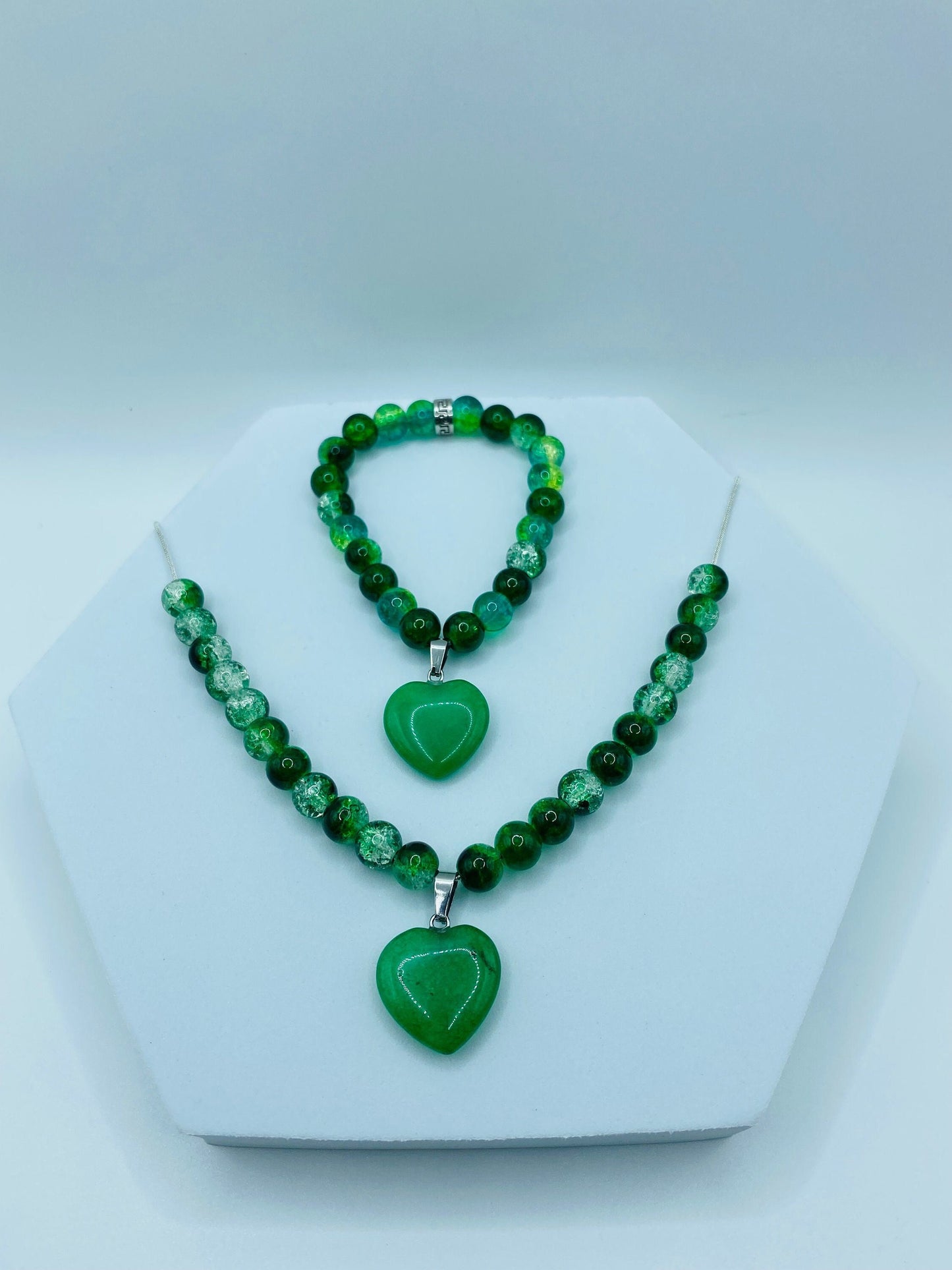 Handmade Jade Heart Necklace Bracelet Set: Green Glass Bead Jewelry