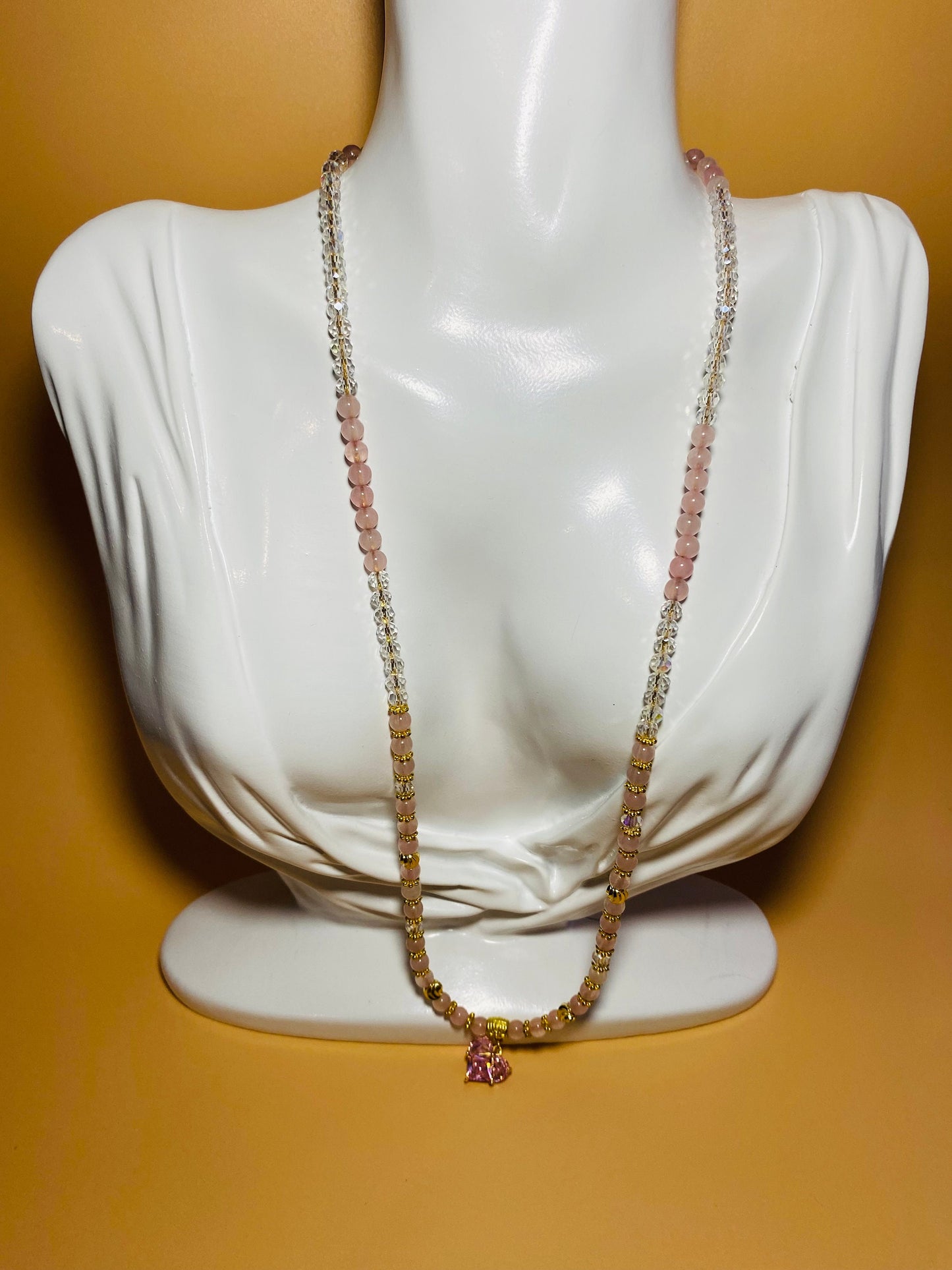 Pink Crystal Heart Pendant Necklace: Rose Quartz & Glass Beads