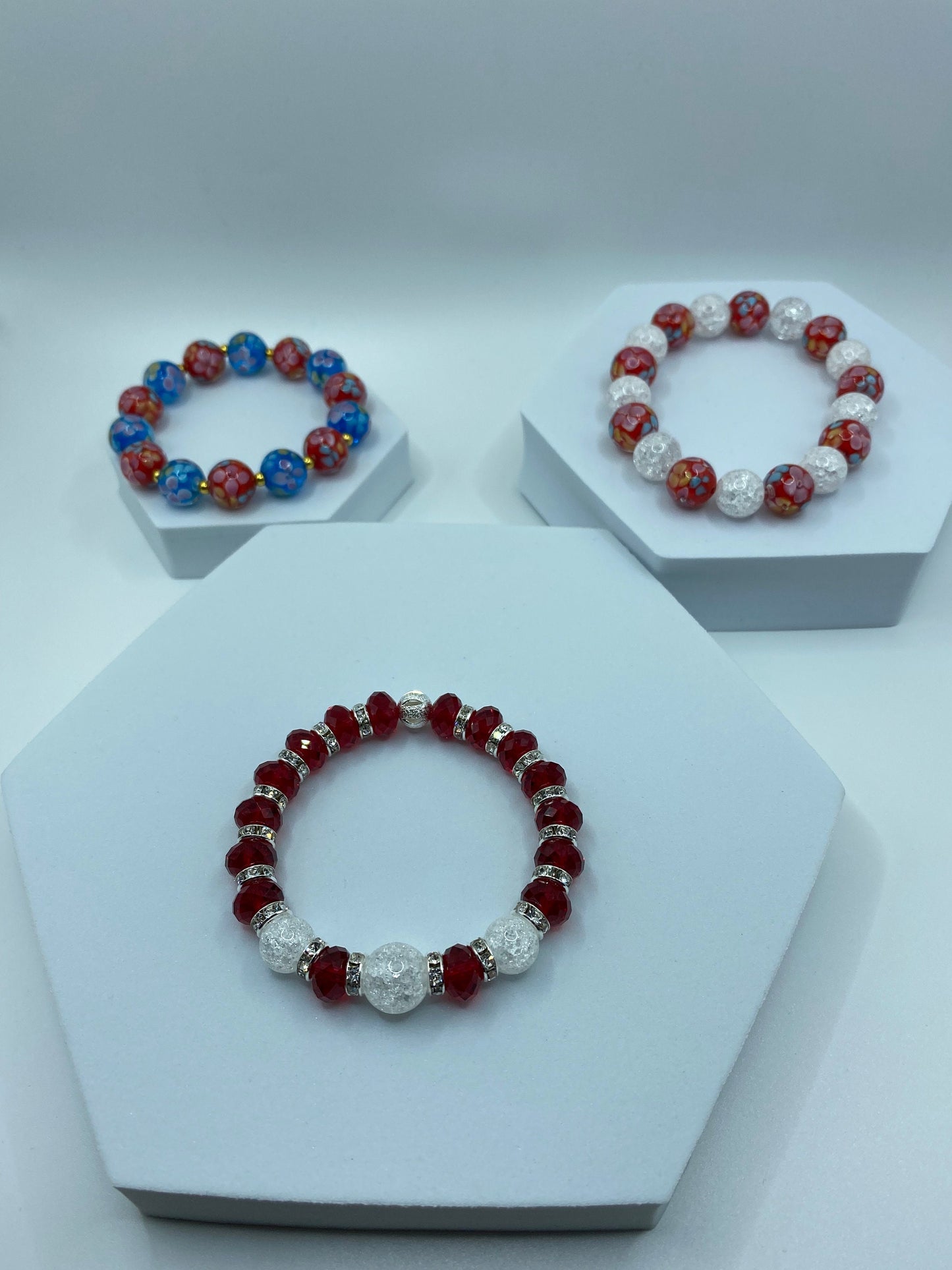 Red Crystal Glass Bracelet: Crackle Quartz Gemstone, Rhinestone Rondelles