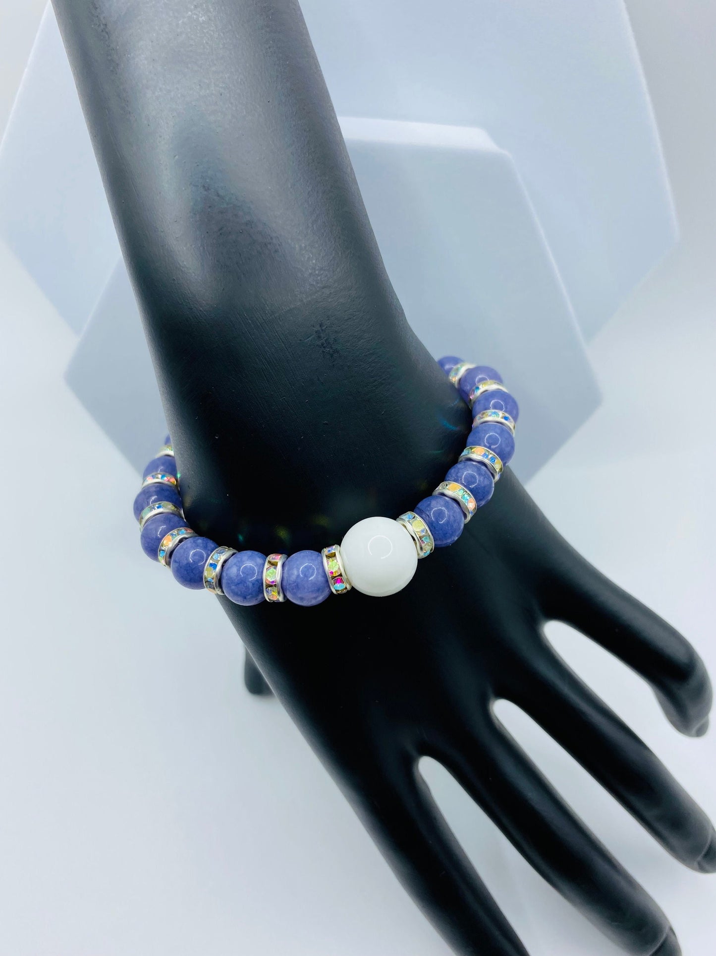 Lavender Jade Bracelet: Porcelain Bead, Rhinestone Rondelles, Handmade