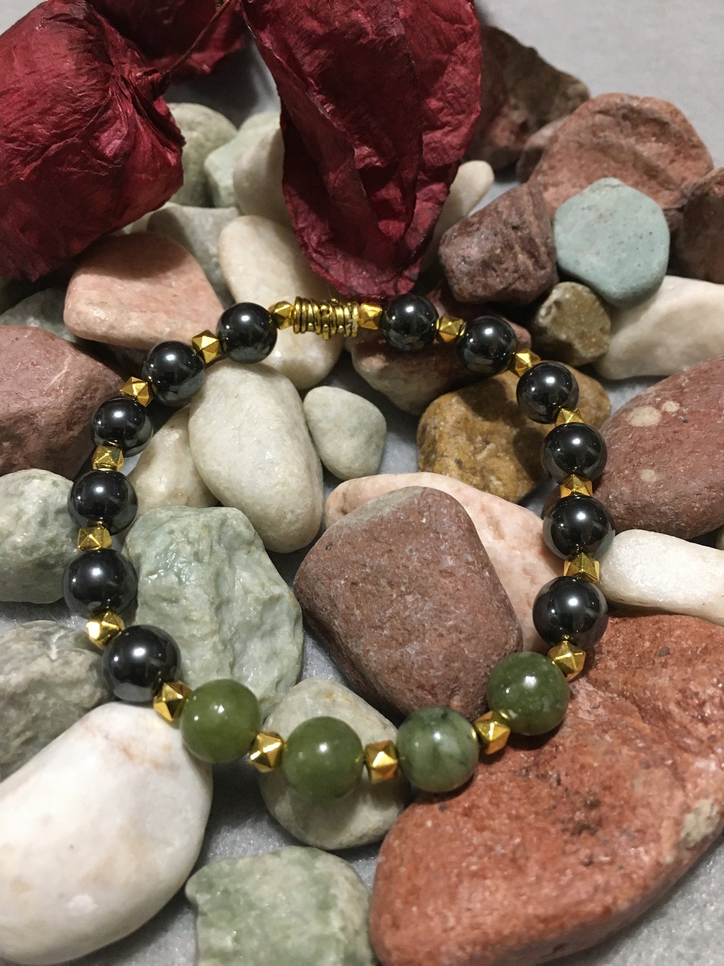Handmade Jade & Hematite Bracelet: 18k Gold Plated Accents