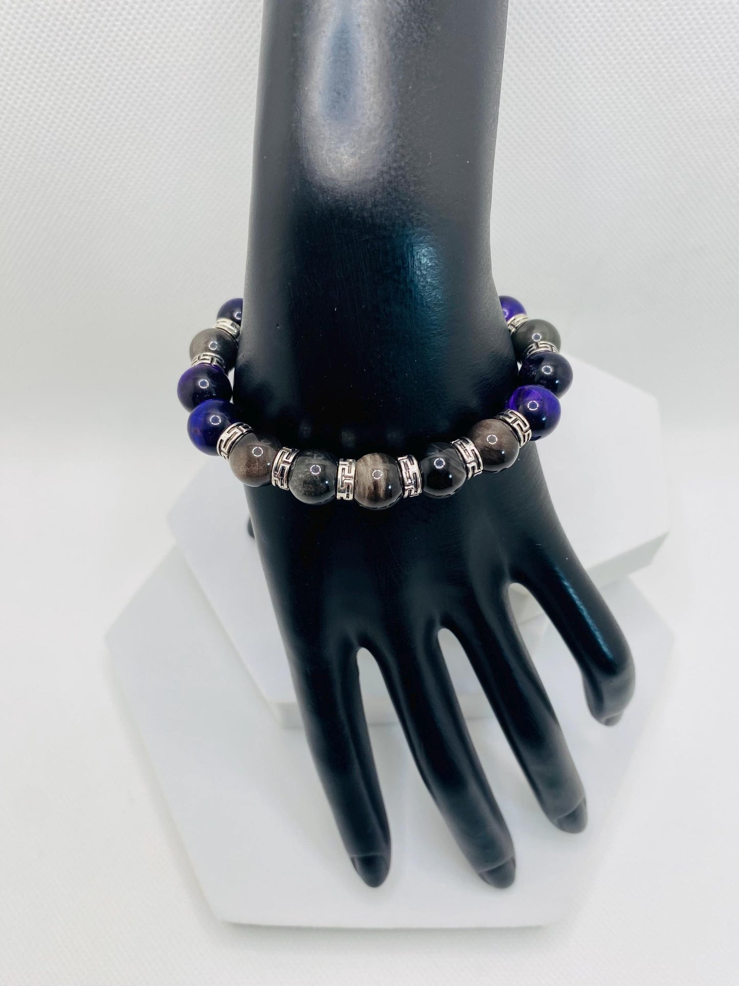 Tigers Eye Bracelet for Men: Black Obsidian & Tibetan Spacers