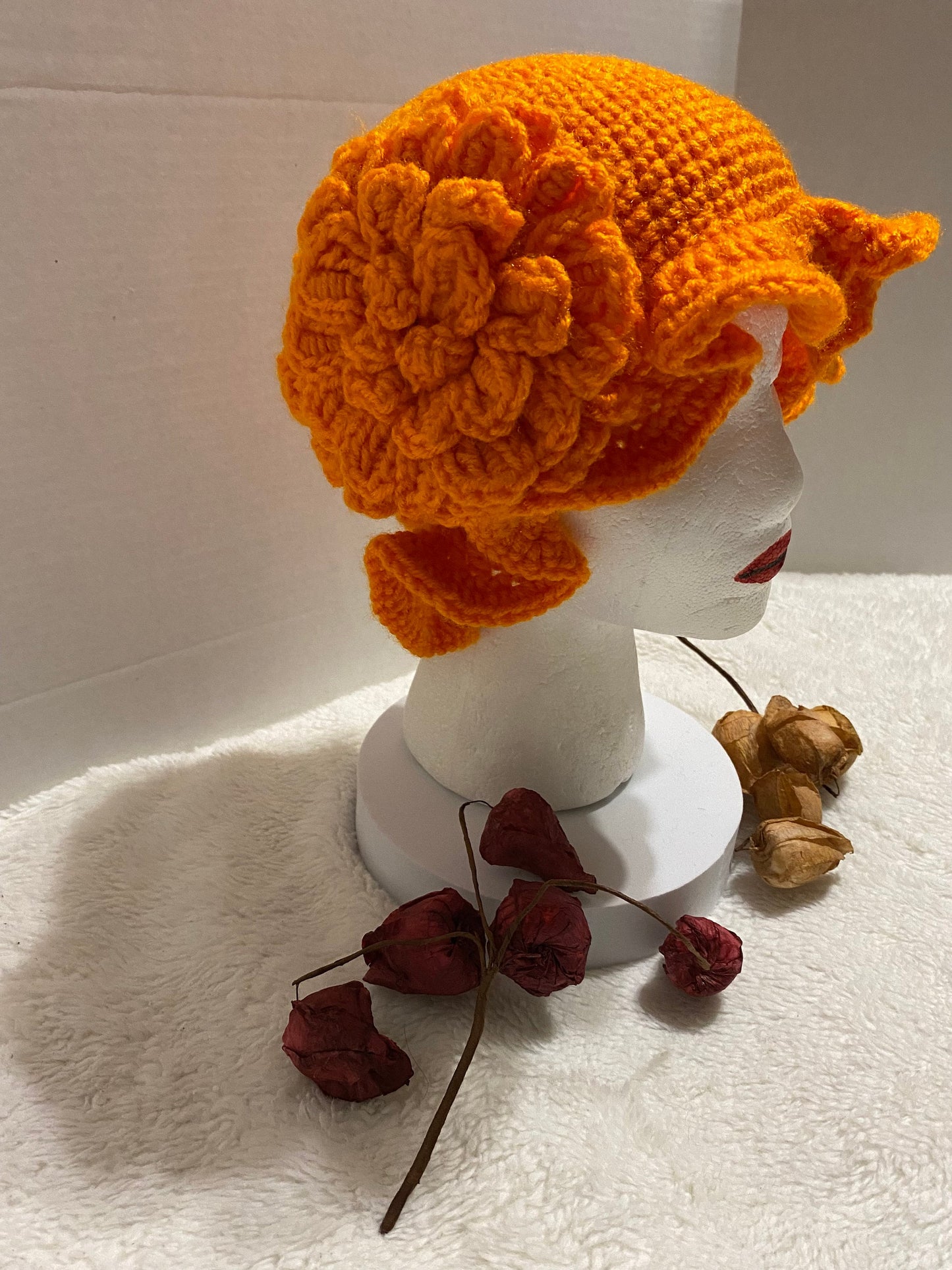 Crochet Bucket Hat with Flower: Orange Acrylic Handmade Women's Hat