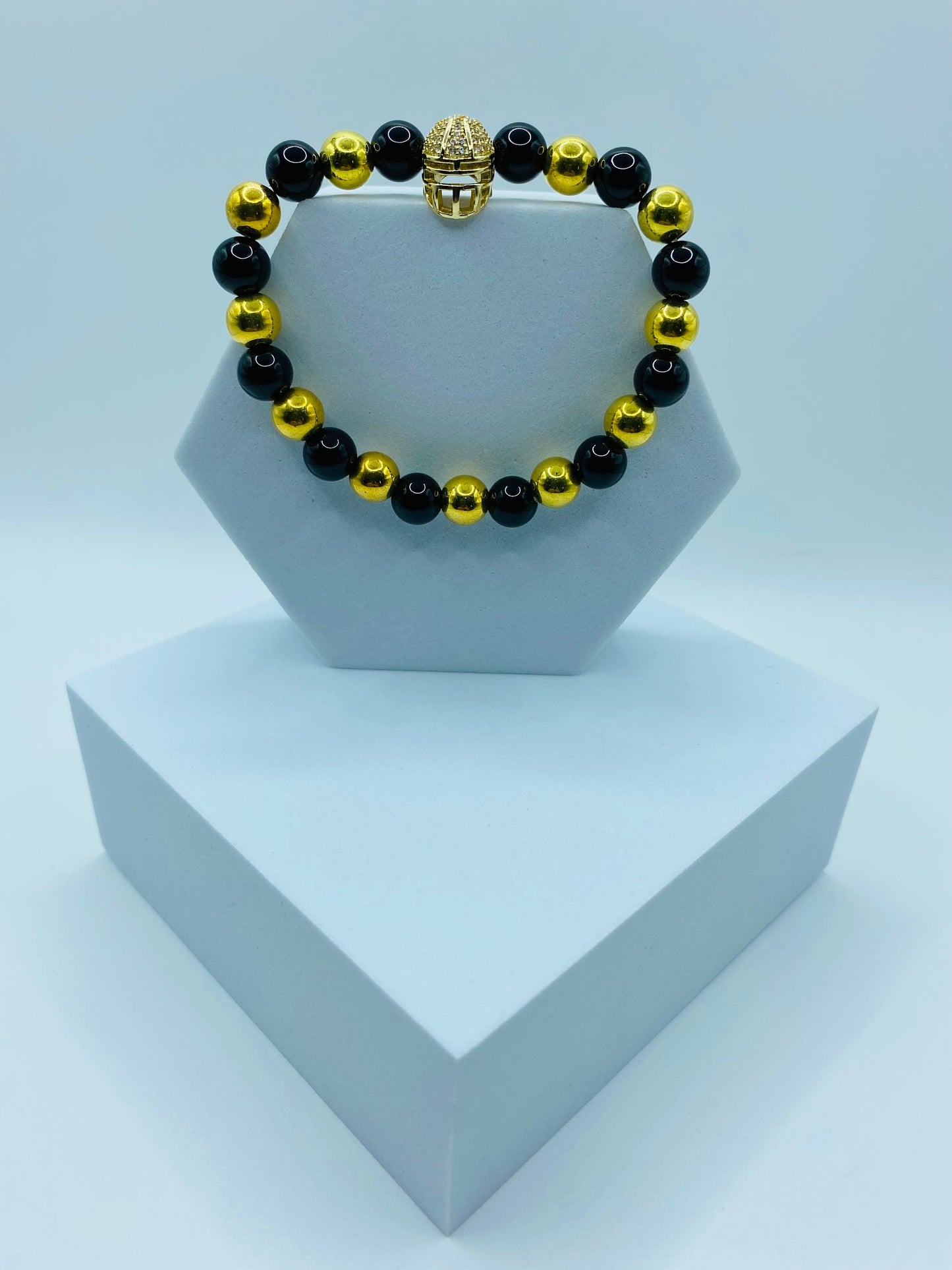 New Orleans Saints Bracelet: Onyx & Gold Hematite Football Helmet