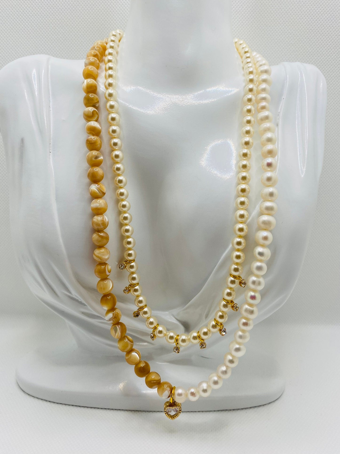 Handmade Mother of Pearl Necklace: Freshwater Pearl & CZ Heart Charm