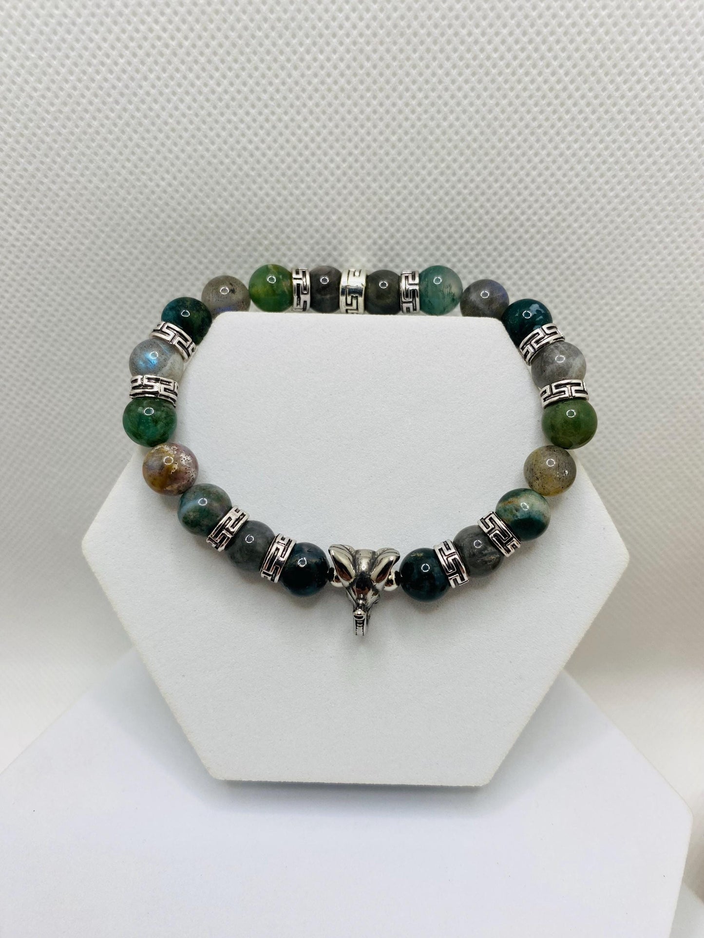 Moss Agate Beaded Bracelet: Elephant Charm, Tibetan Silver Spacers