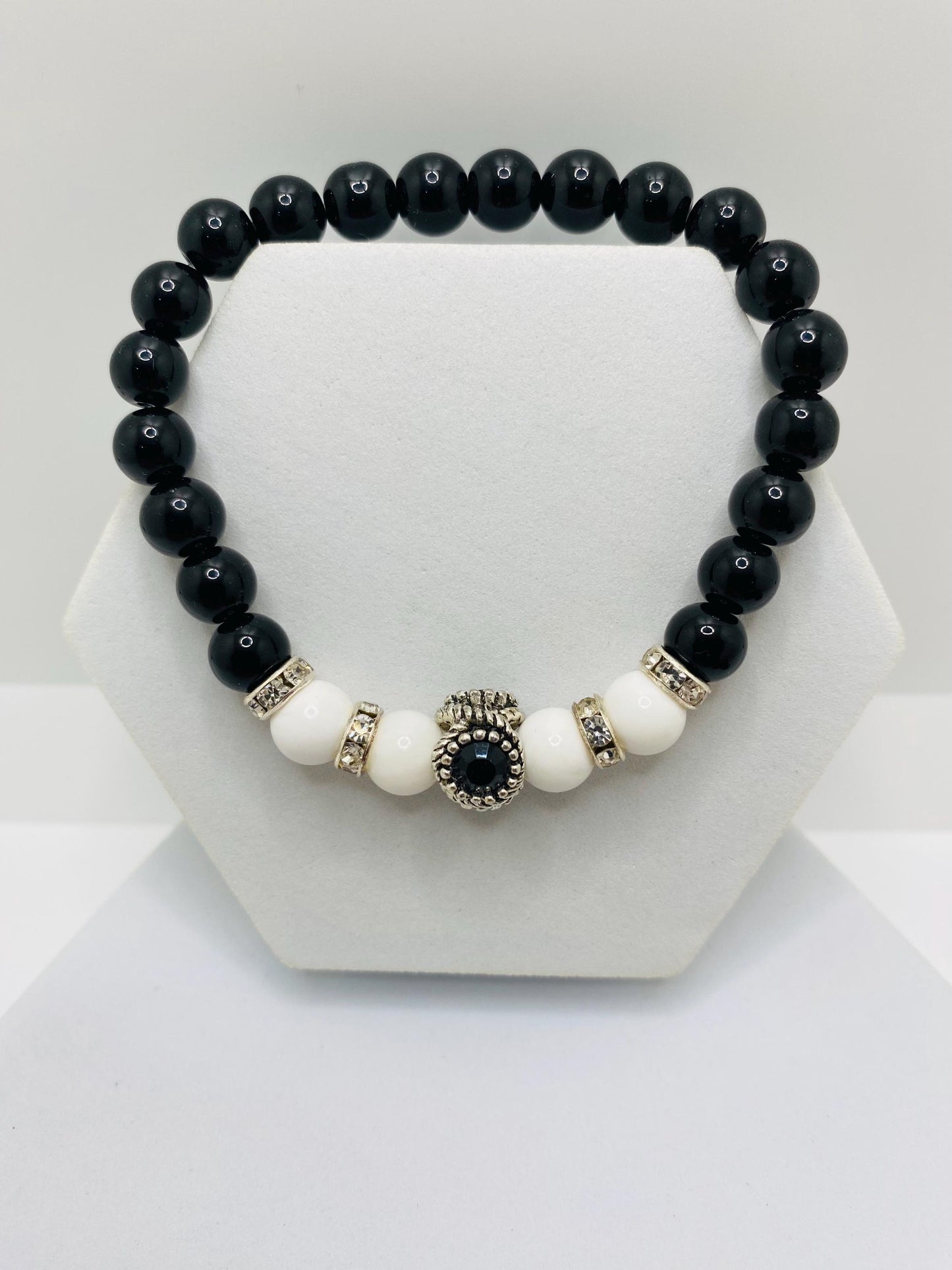 Black Onyx & White Agate Beaded Charm Bracelet - Rhinestone Accent