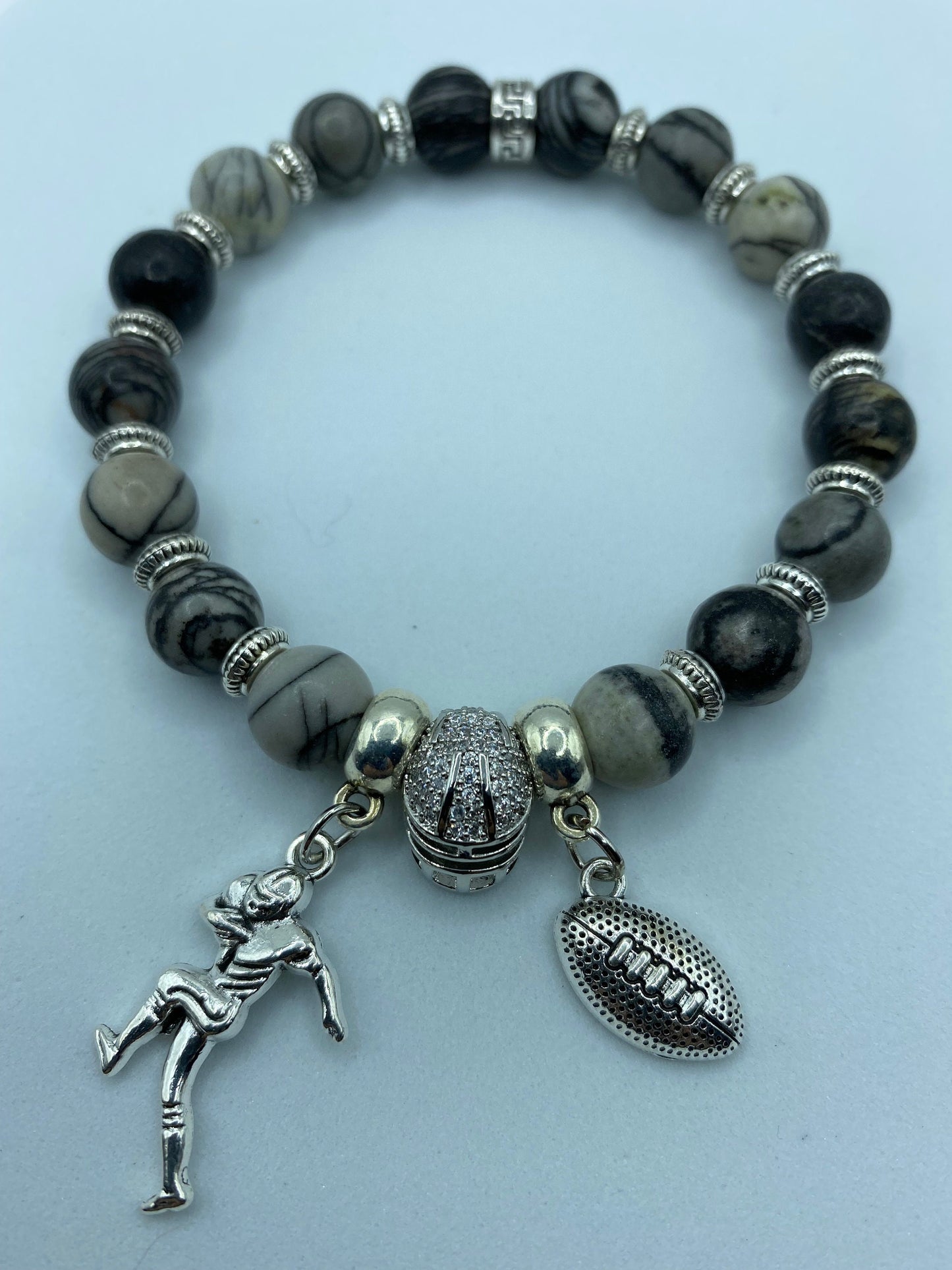 Las Vegas Raiders Charm Bracelet for Men, Womens Bracelet Football Mom, Jasper Gemstone Beads