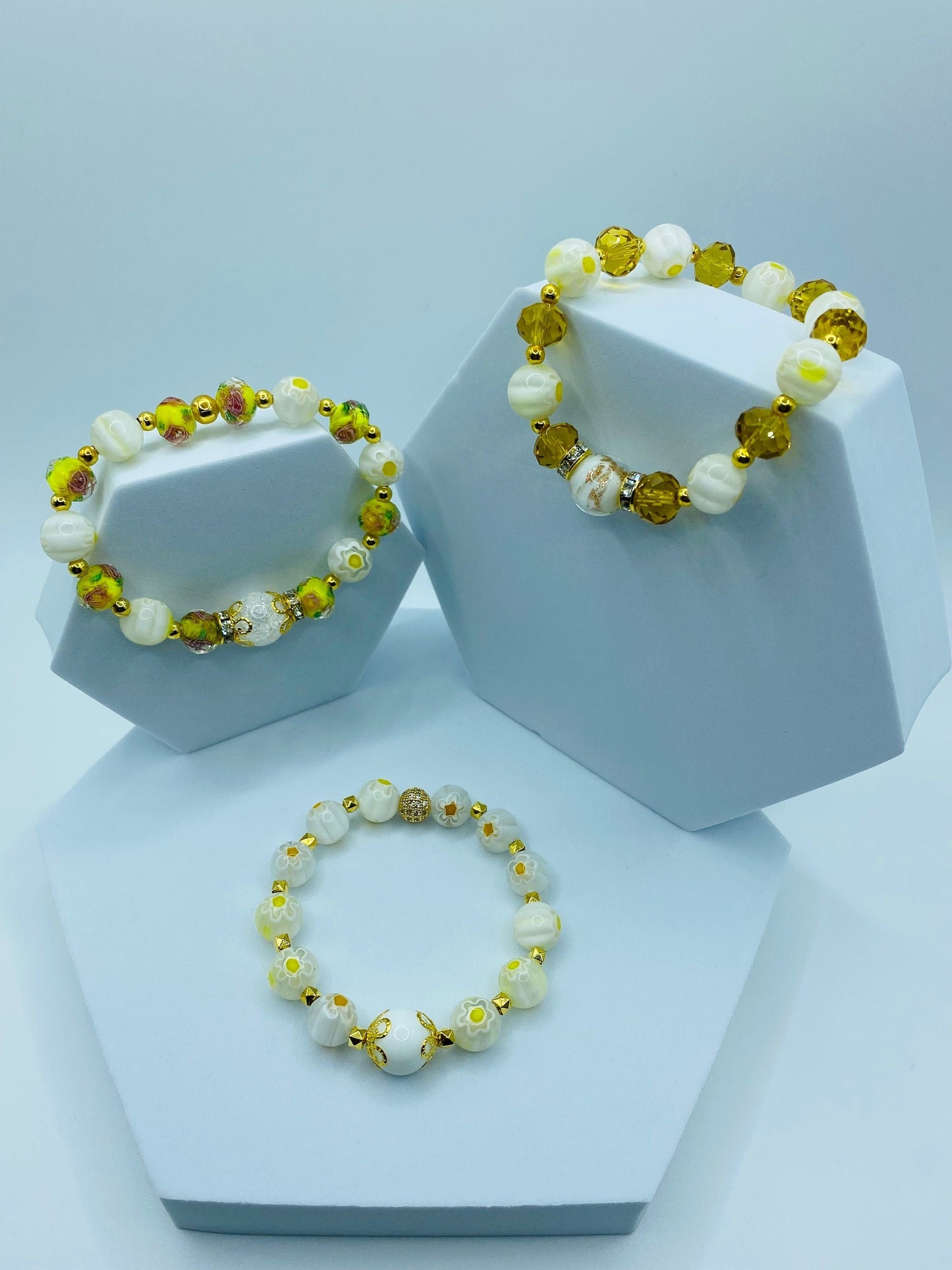 White Jade Bracelet: Millefiori Lampwork Glass Beads, 18k Gold-Plated Accents