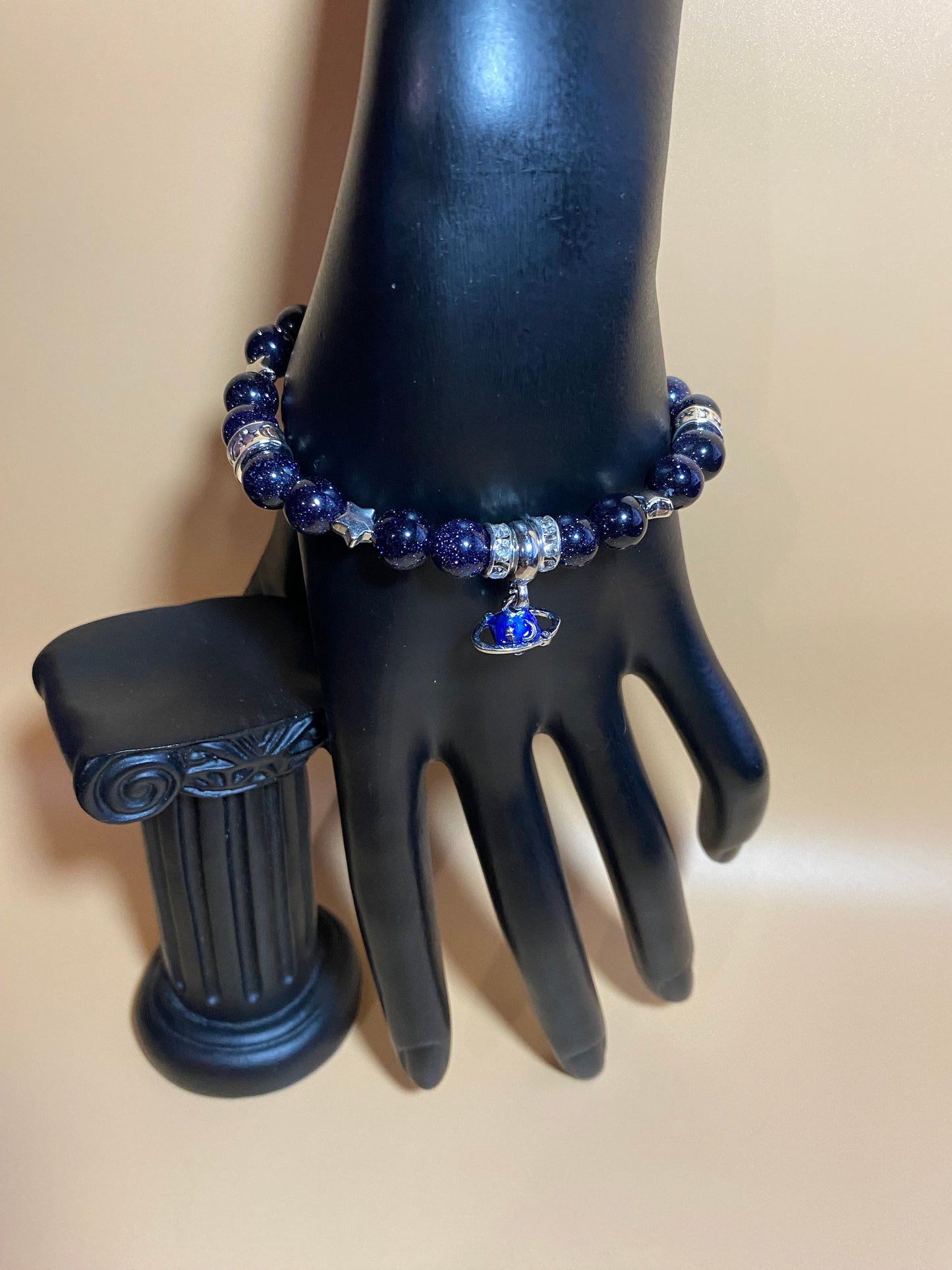 Charm Bracelet, White Gold Bracelet with Saturn Celestial Jewelry, Blue Sandstone Gemstone Beads