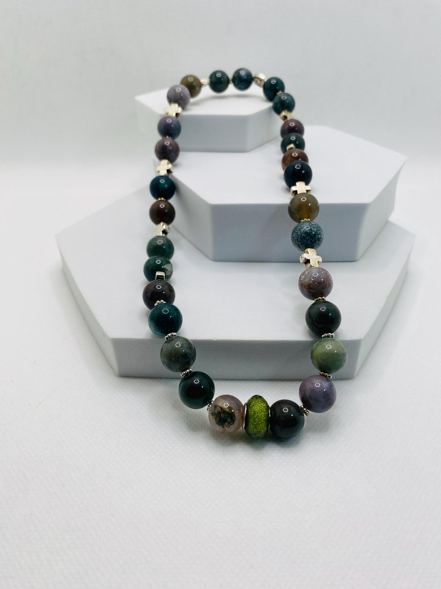 Moss Agate Necklace: Religious Cross Medallion, Antique Silver