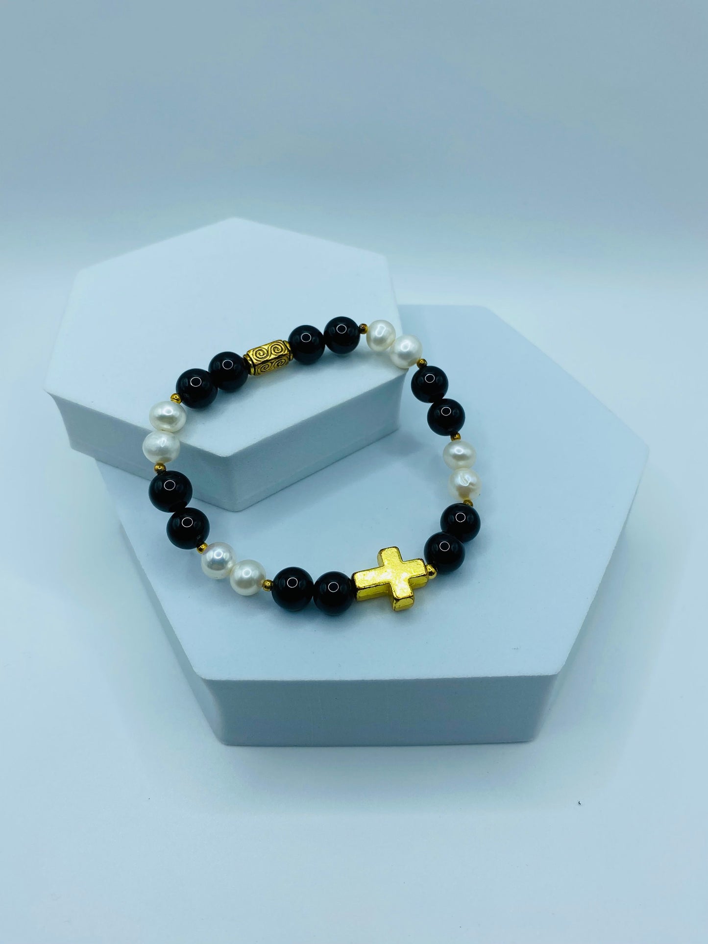 Gold Cross Bracelet: Pearl & Onyx Gemstone Beads, Spiritual Jewelry