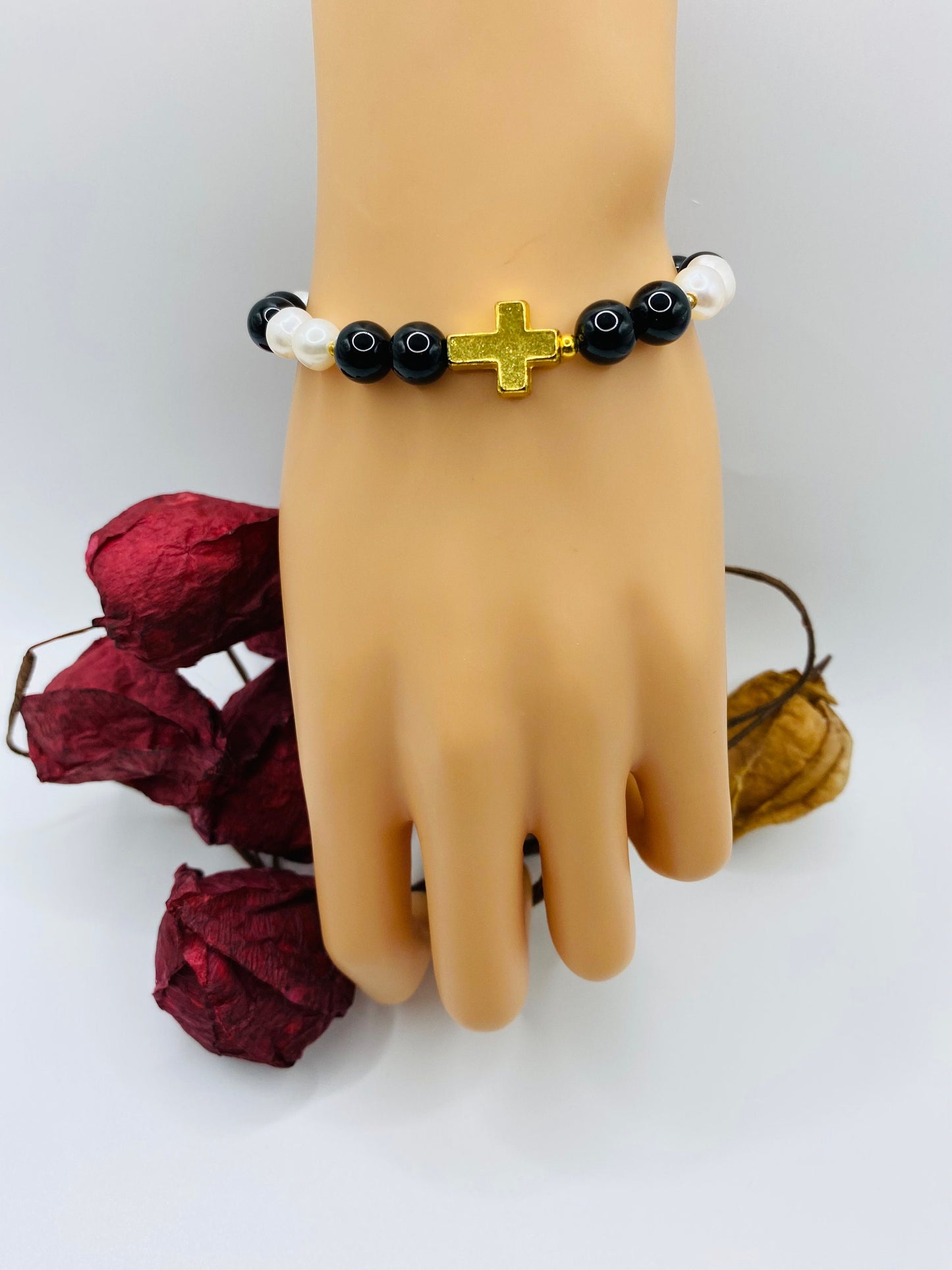 Gold Cross Bracelet: Pearl & Onyx Gemstone Beads, Spiritual Jewelry