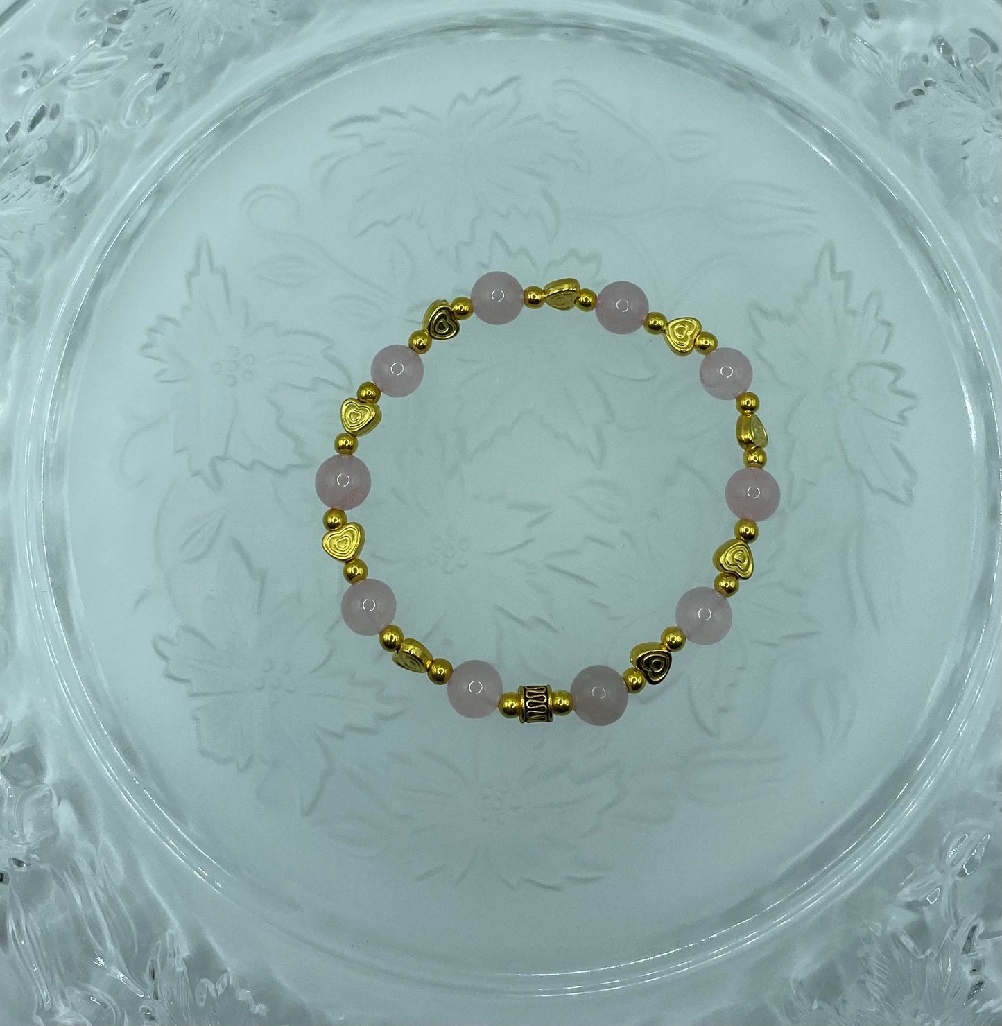 Rose Quartz Bracelet: 18k Gold Heart Charms, Gold Hematite Beads