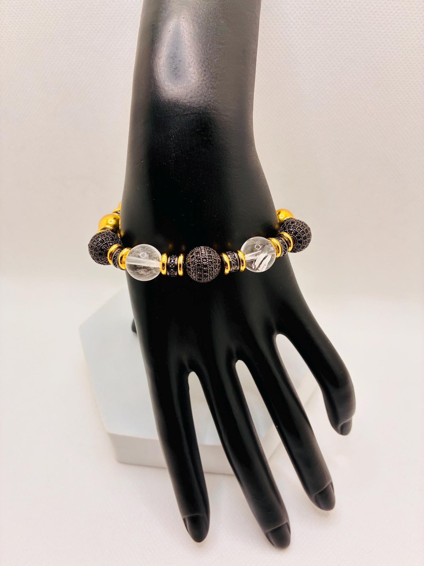 Gold Plated Hematite Bracelet: Clear Quartz & Black Zirconia Beads