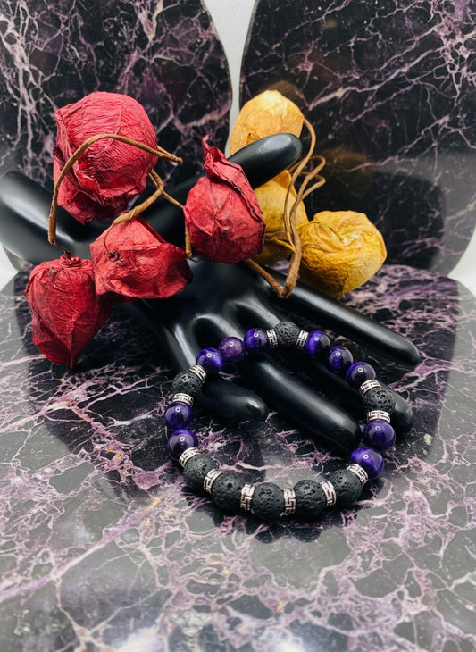 Mens Black Lava Rock & Purple Tiger Eye Bracelet: Tibetan Gemstone Jewelry