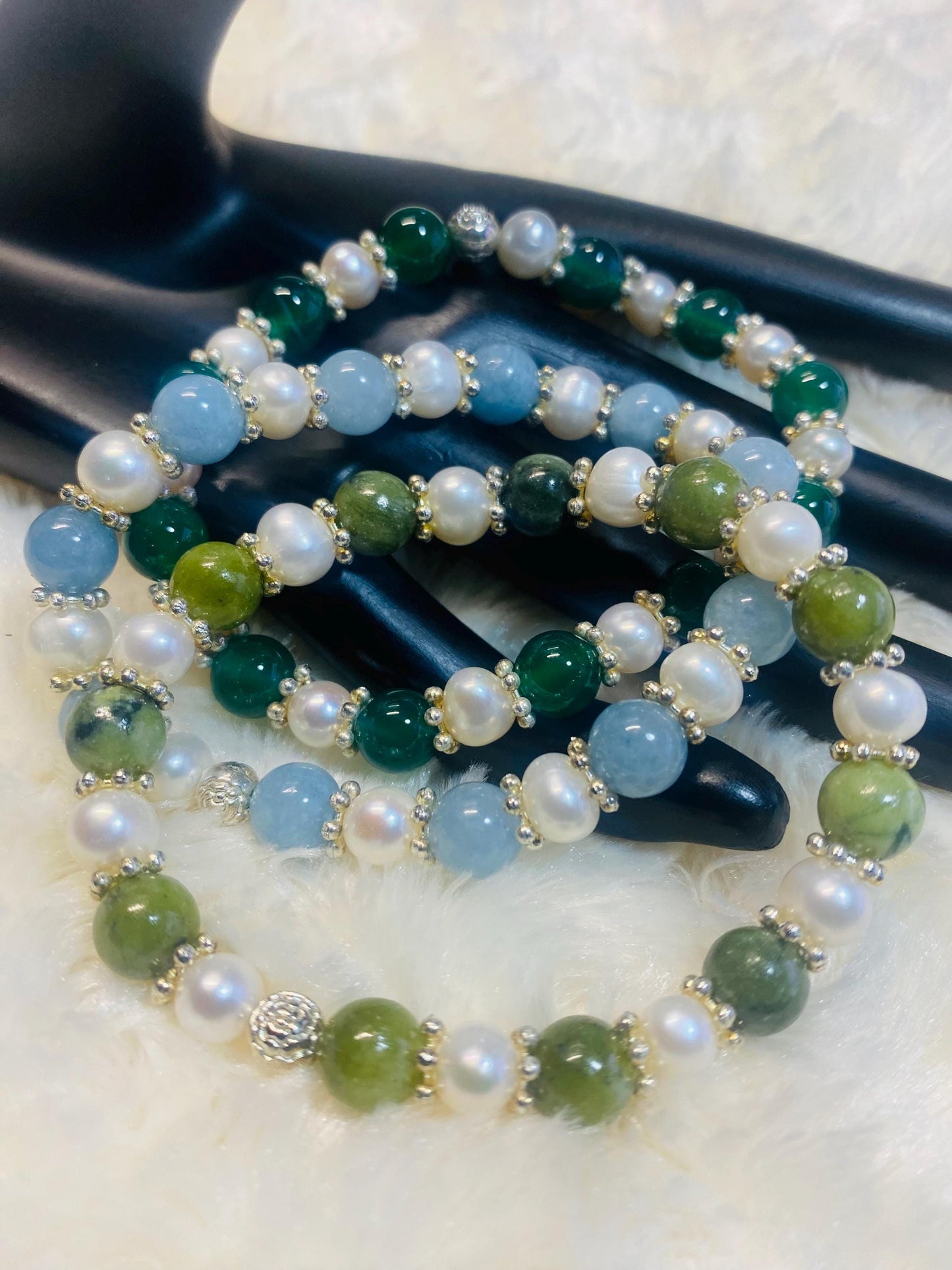Handmade Baroque Pearl Bracelet Set: Jade & Agate Gemstone Beads