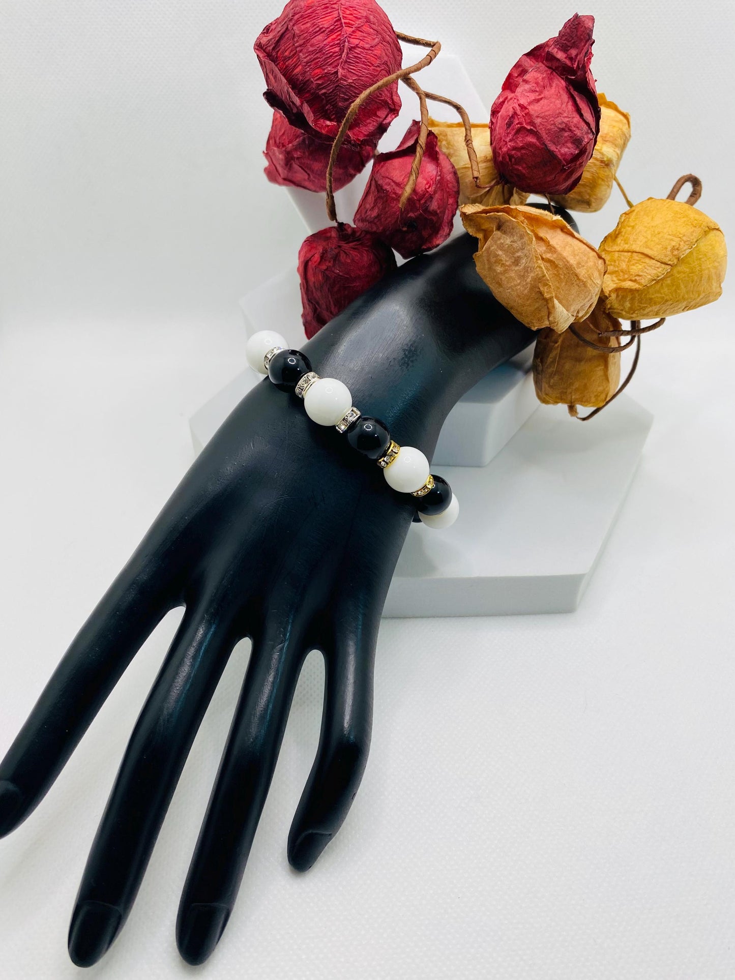 Onyx Gemstone Beaded Bracelet: Black & White Handmade Jewelry