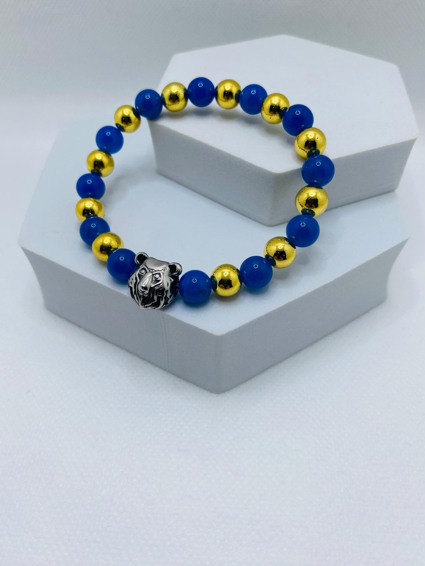 UCLA Bruins Bracelet: Blue Agate, Gold Hematite, Bear Charm