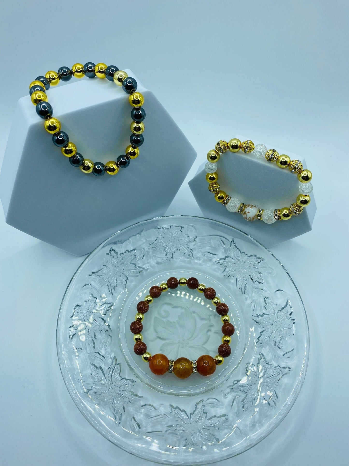 Handmade Orange Jade Bracelet: Goldstone & Gold-Plated Hematite Beads