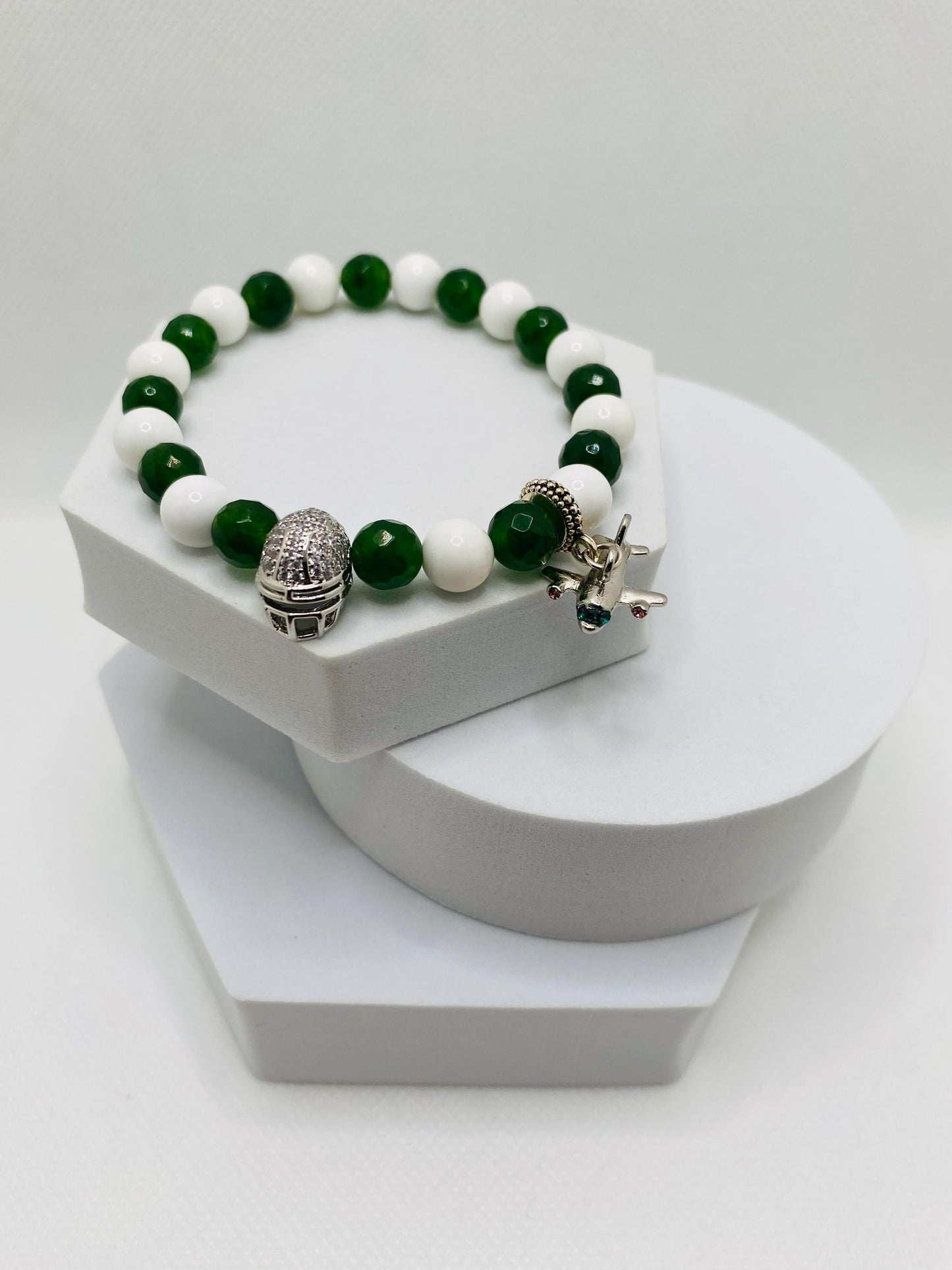 New York Jets Jade Beaded Bracelet: Football Helmet & Airplane Charm