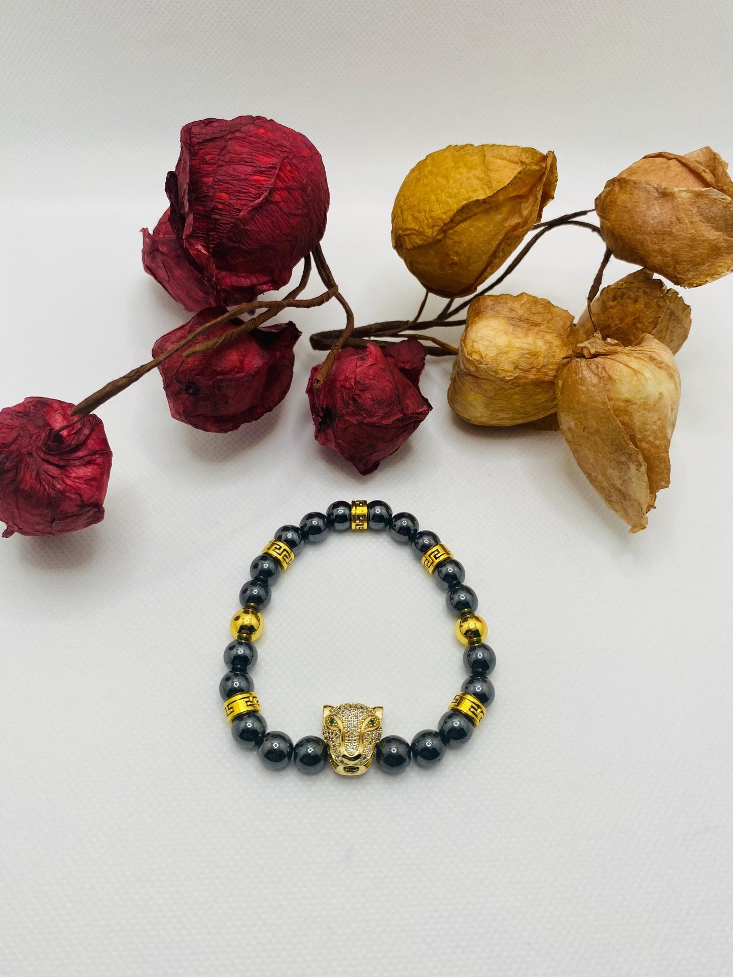 Black Hematite Bracelet: Gold Panther Bead Charm, Unisex Jewelry